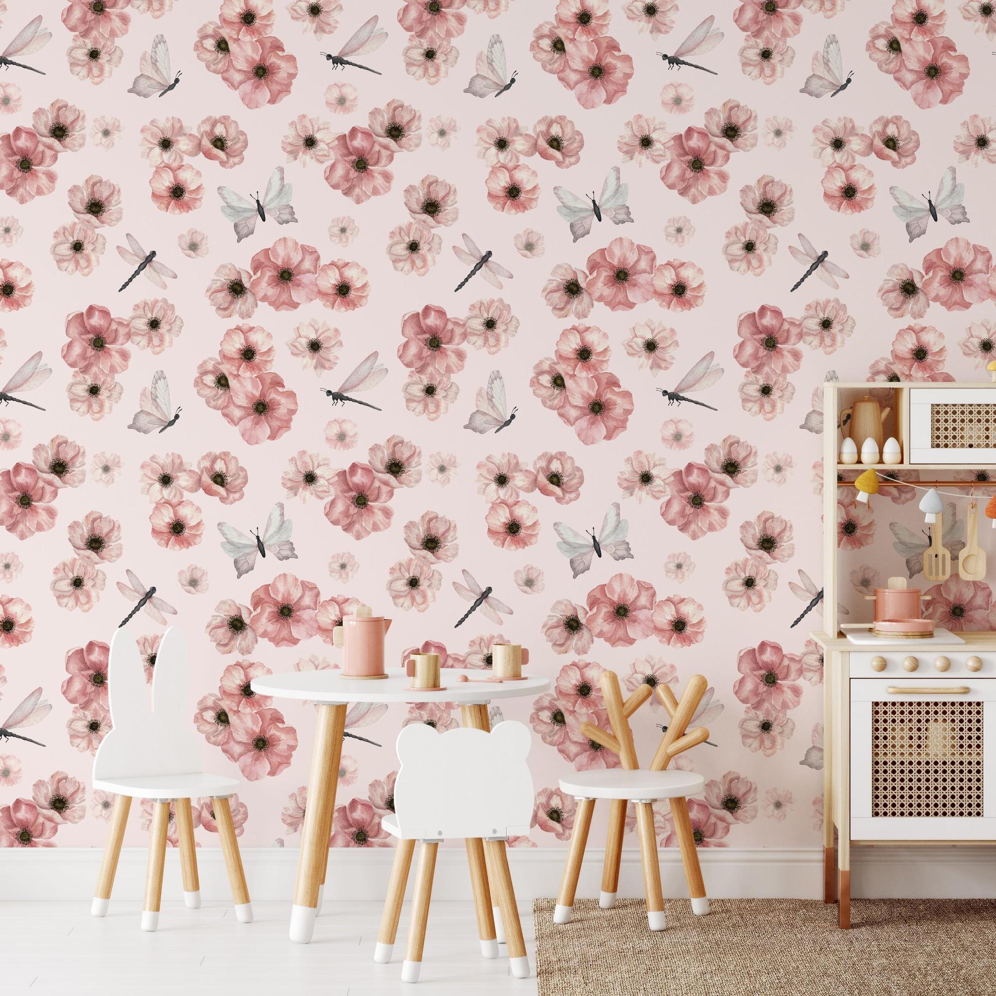 Wall Blush's Dragonlily (Blush) Wallpaper in a charming children's playroom, highlighting elegant floral pattern.