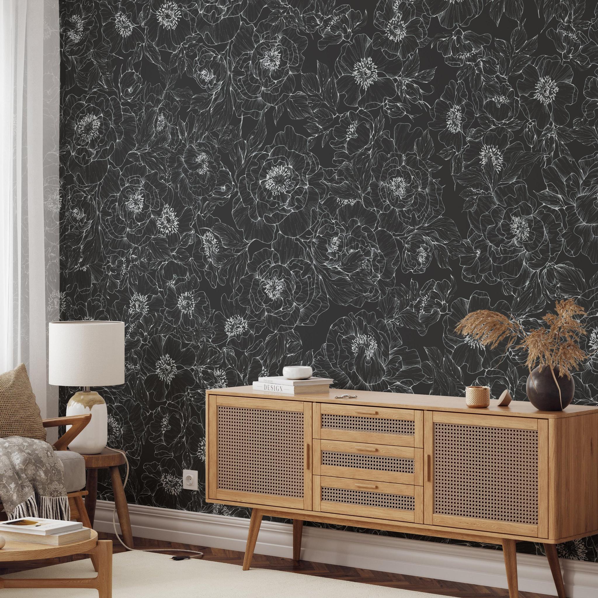 The Dutchess (Black) Wallpaper from The Ania Zwara Line in a stylish living room.
