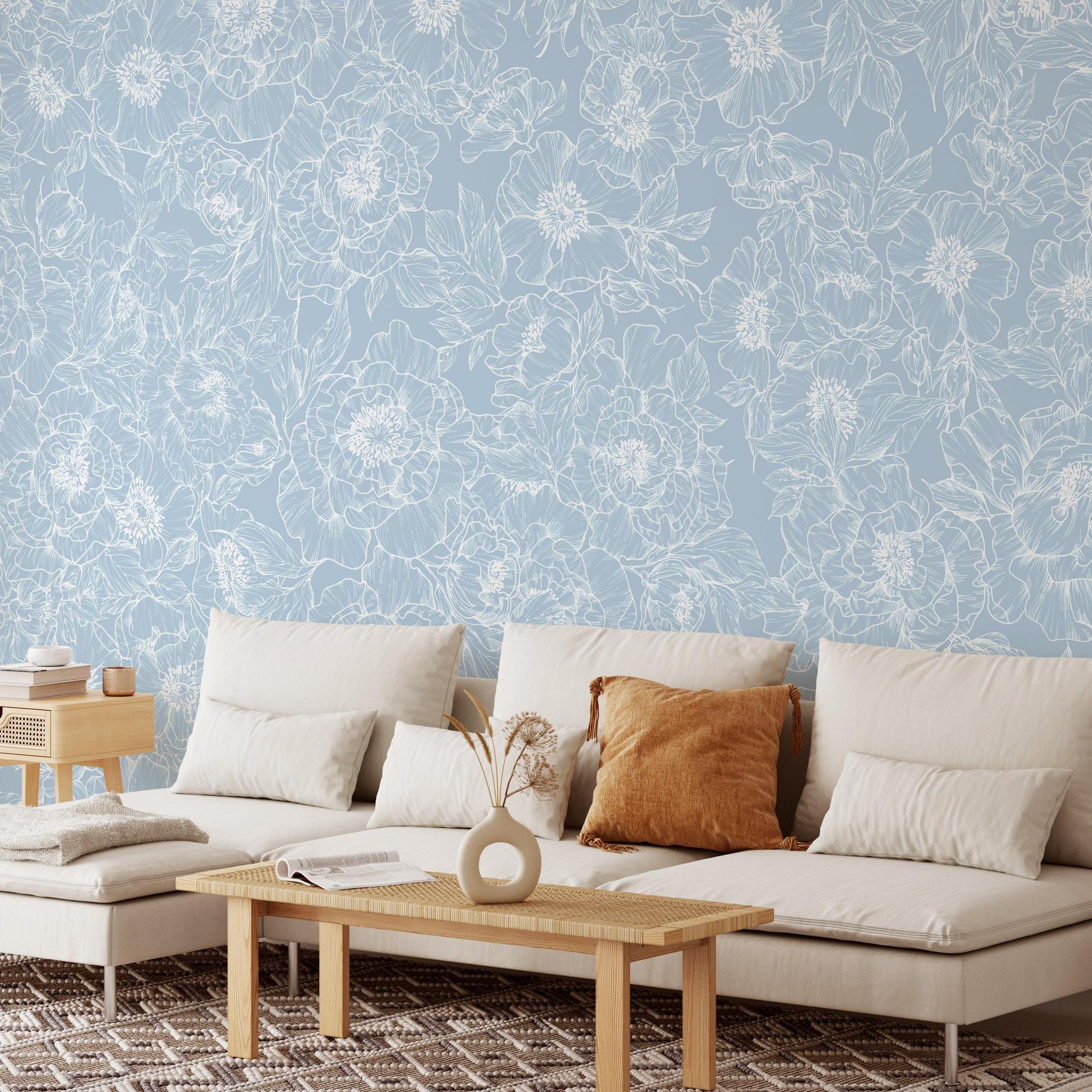 Elegant The Dutchess (Baby Blue) Wallpaper from The Ania Zwara Line in a modern living room setting.