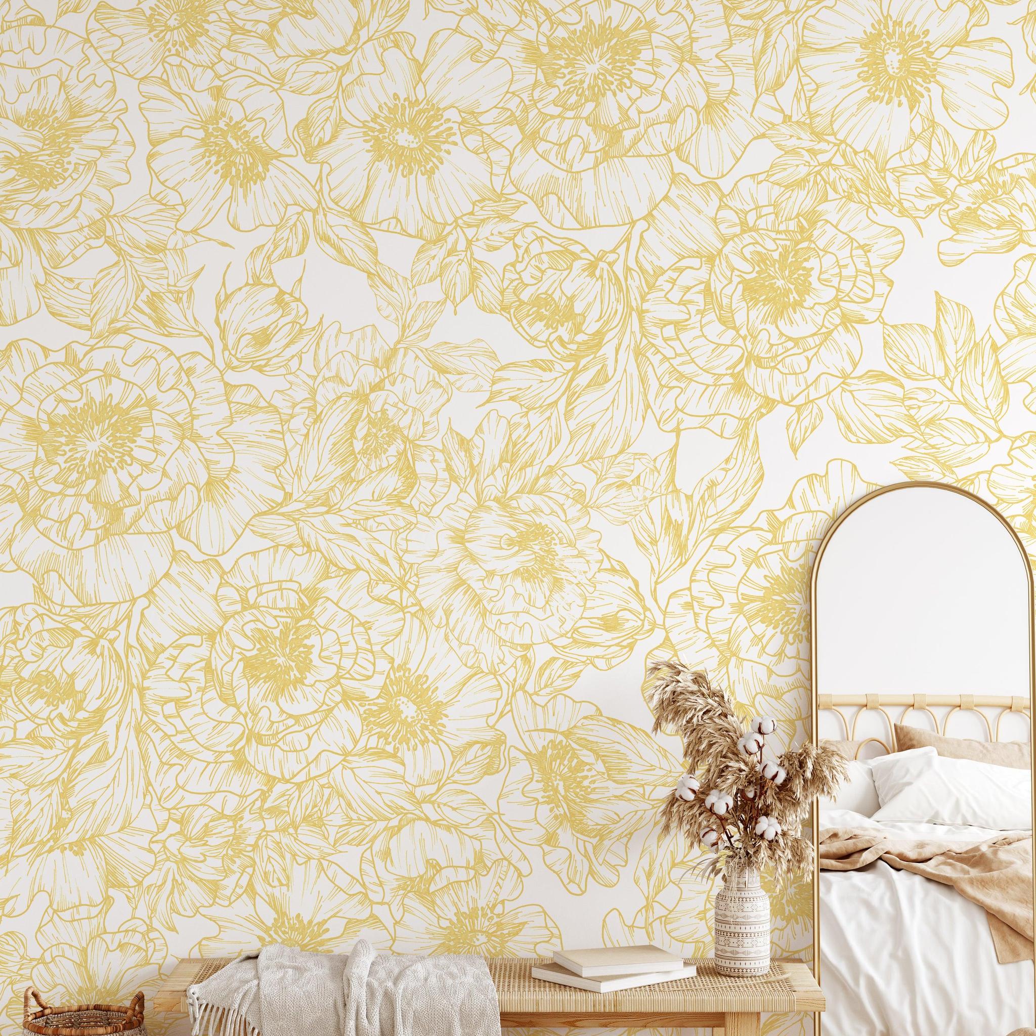 The Dutchess (Mustard) Wallpaper by The Ania Zwara Line in a modern bedroom setting, with a focus on the floral design.