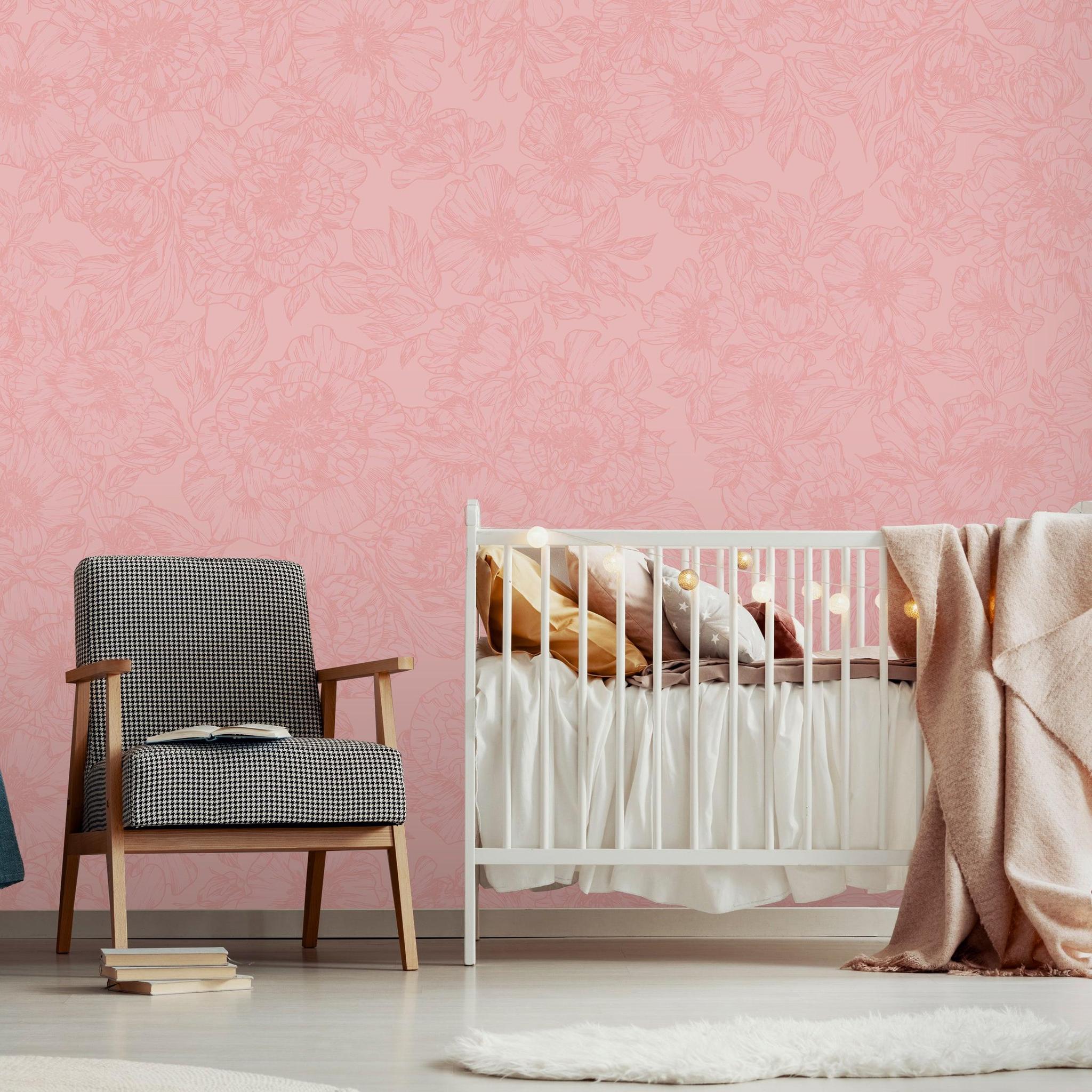 The Dutchess (Pink) Wallpaper by The Ania Zwara Line in a stylish nursery room focusing on the elegant floral design.