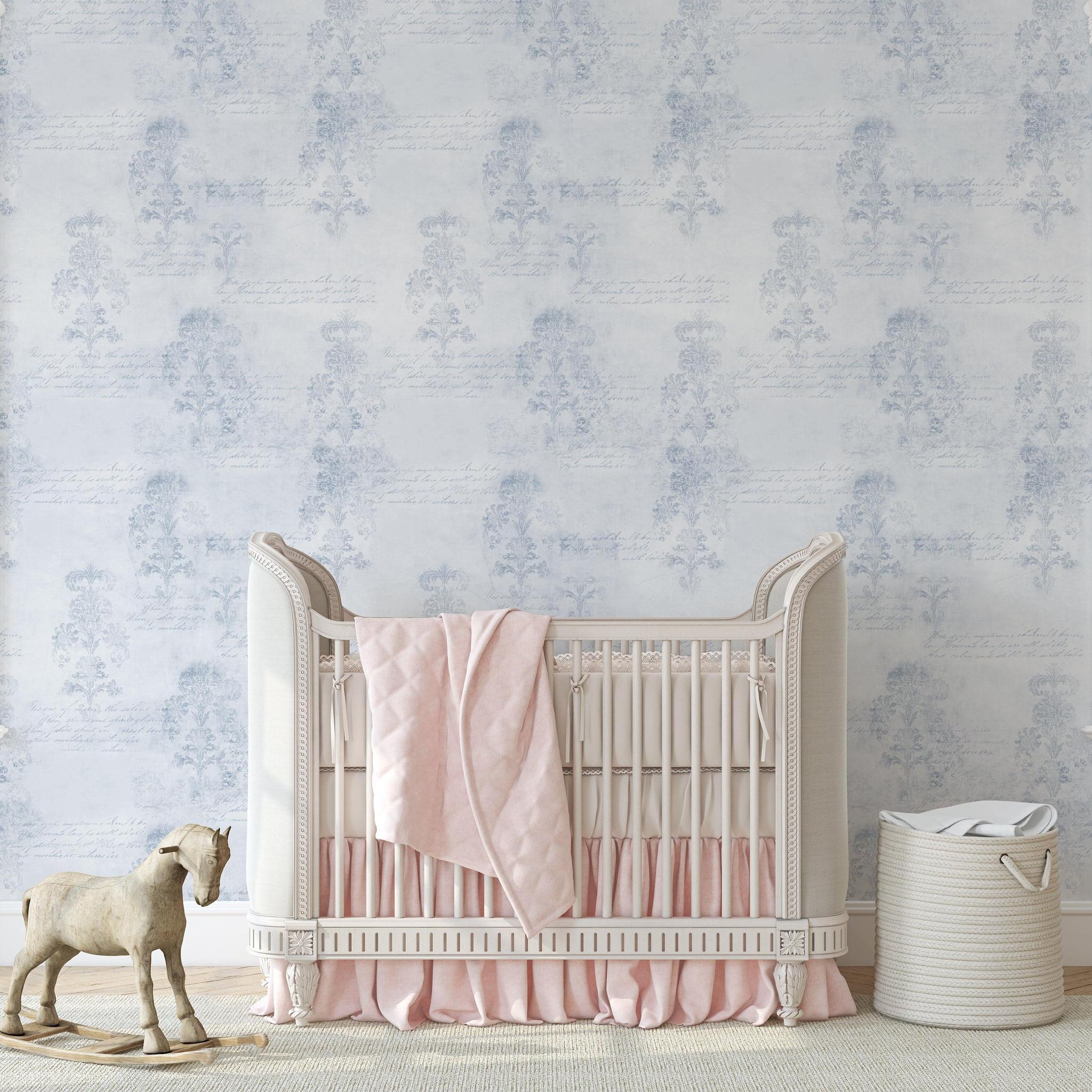 Fancy French Wallpaper by The 7th Haven Interiors Line in a stylish nursery room, highlighting elegant wall design.