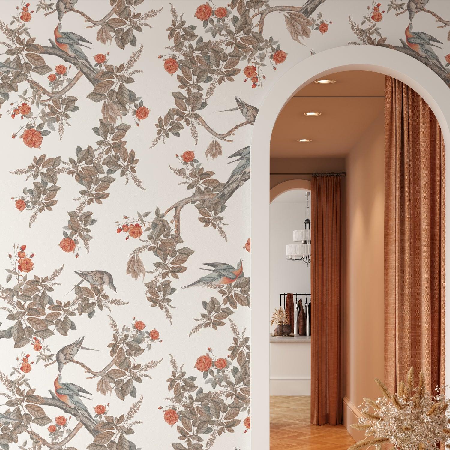 Alt: Wall Blush SG02 Florence Wallpaper in a stylish living room, featuring floral bird patterns as the focal point.