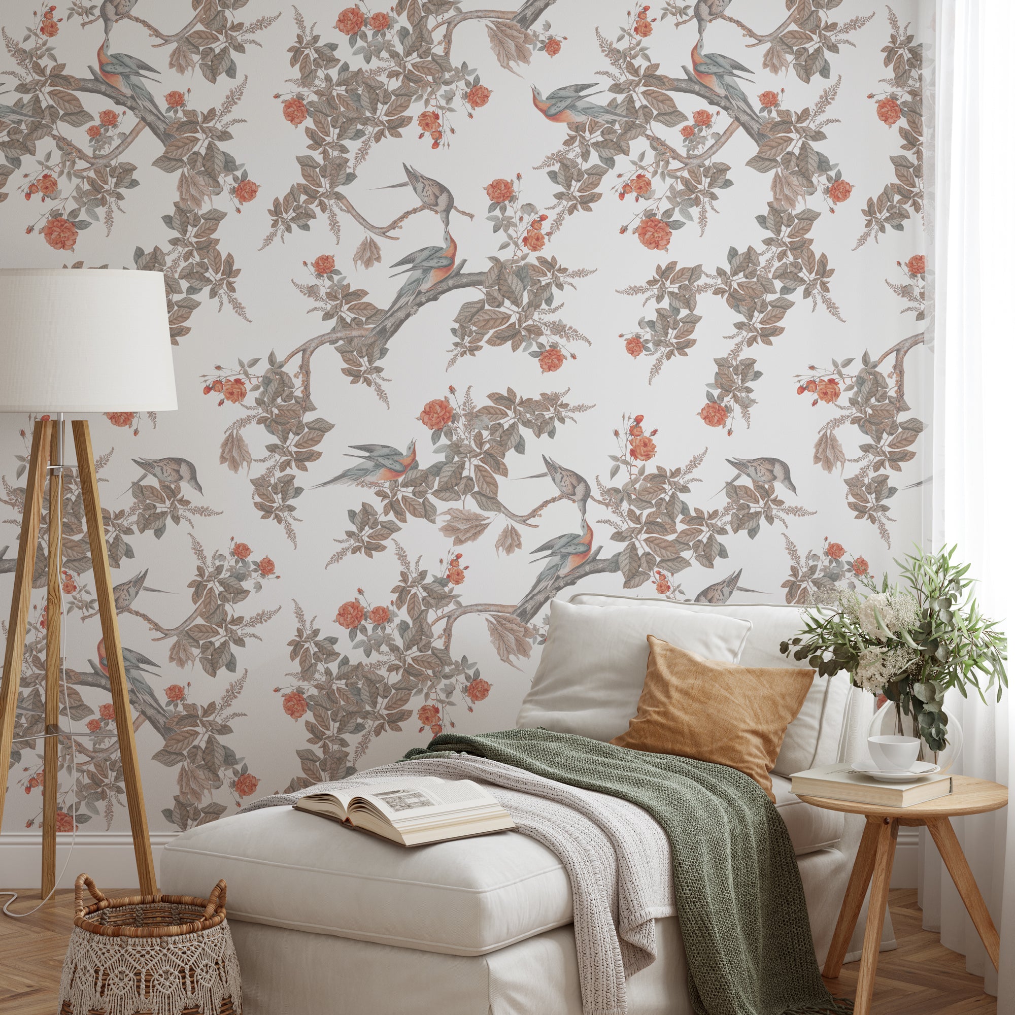 "Elegant Wall Blush Florence Wallpaper in a cozy bedroom interior, showcasing botanical design with birds."