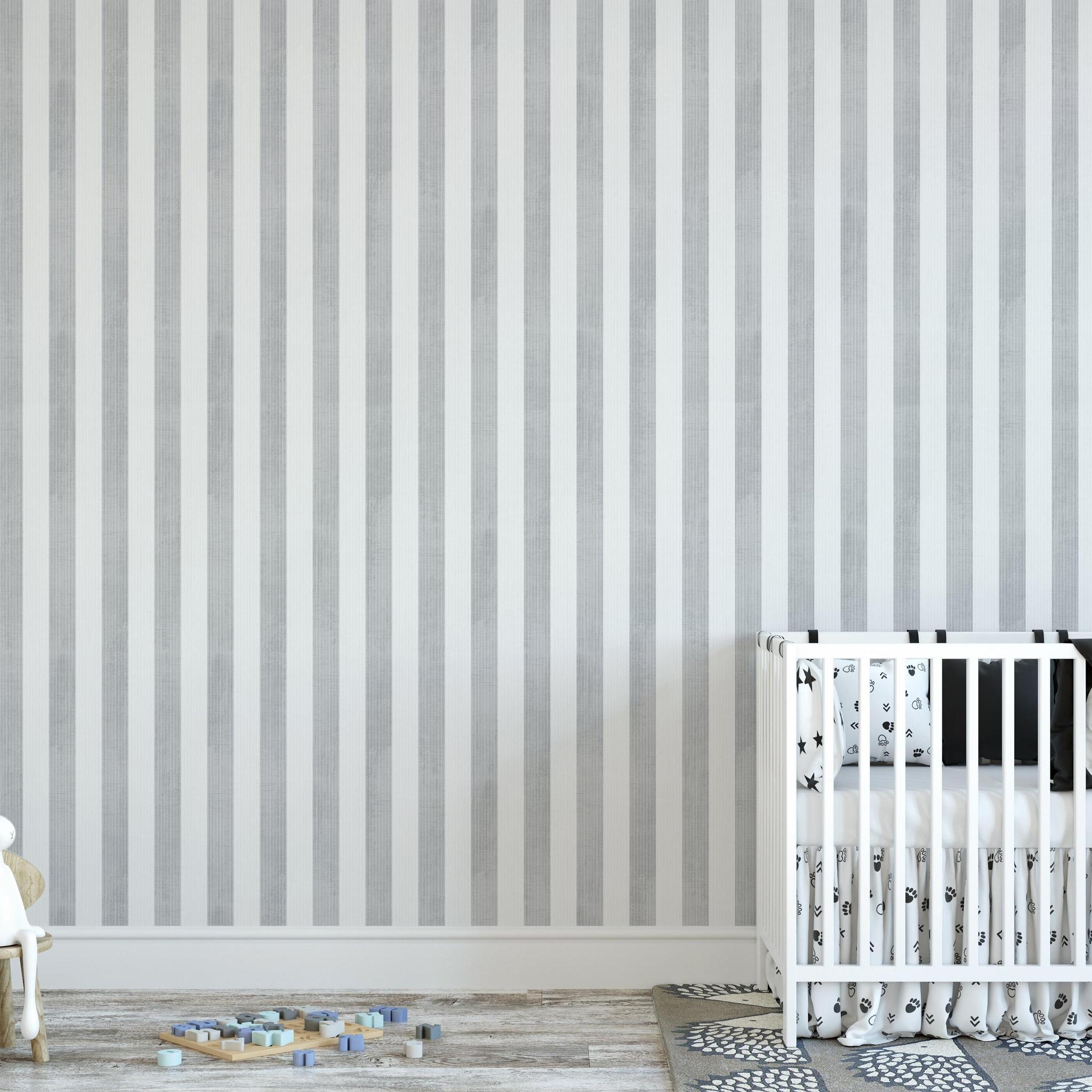 Gabbandra Stripes Wallpaper from The 7th Haven Interiors Line showcased in a modern nursery room.