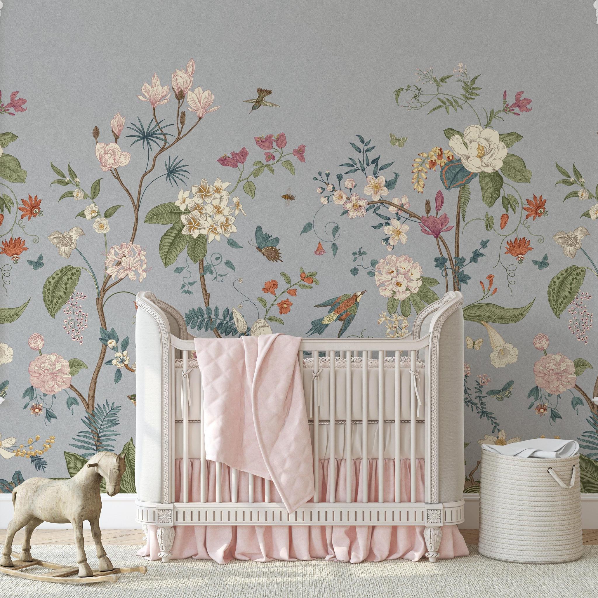 Giselle Wallpaper from Wall Blush SG02 in a nursery with floral design highlighted on the main wall.