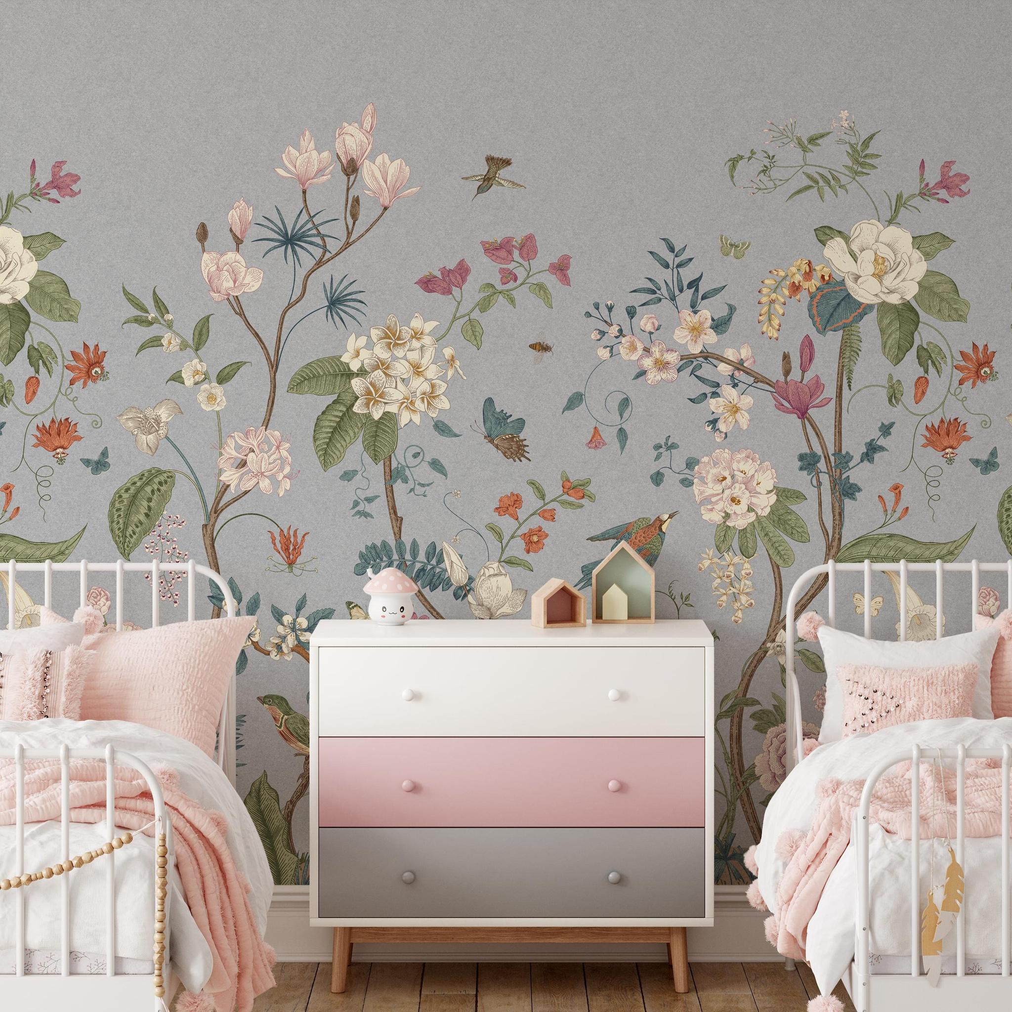 Giselle Wallpaper by Wall Blush SG02 featured in a stylish bedroom, with a floral design dominating the space.
