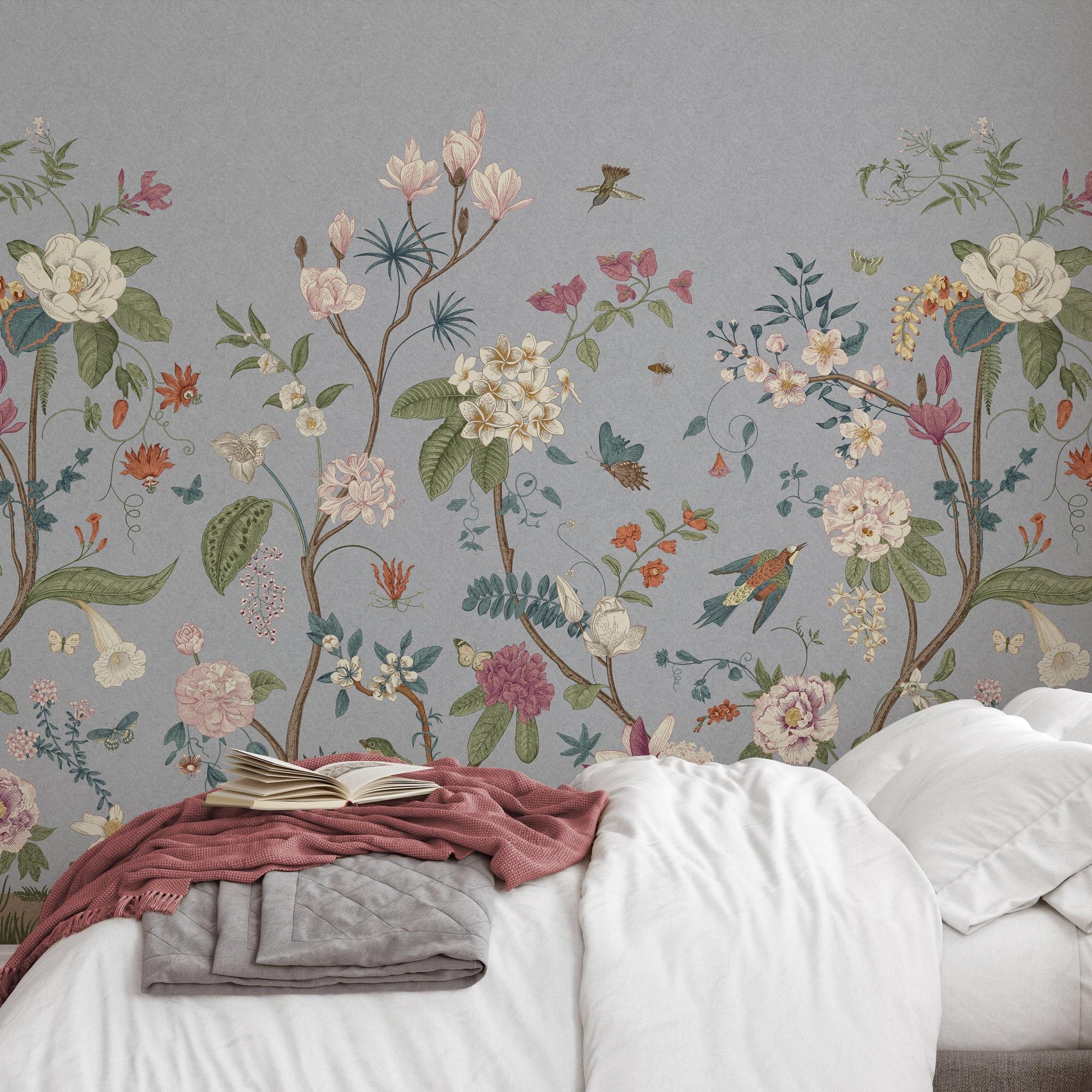 Giselle Wallpaper by Wall Blush SG02 featuring elegant floral design in a cozy bedroom setting.