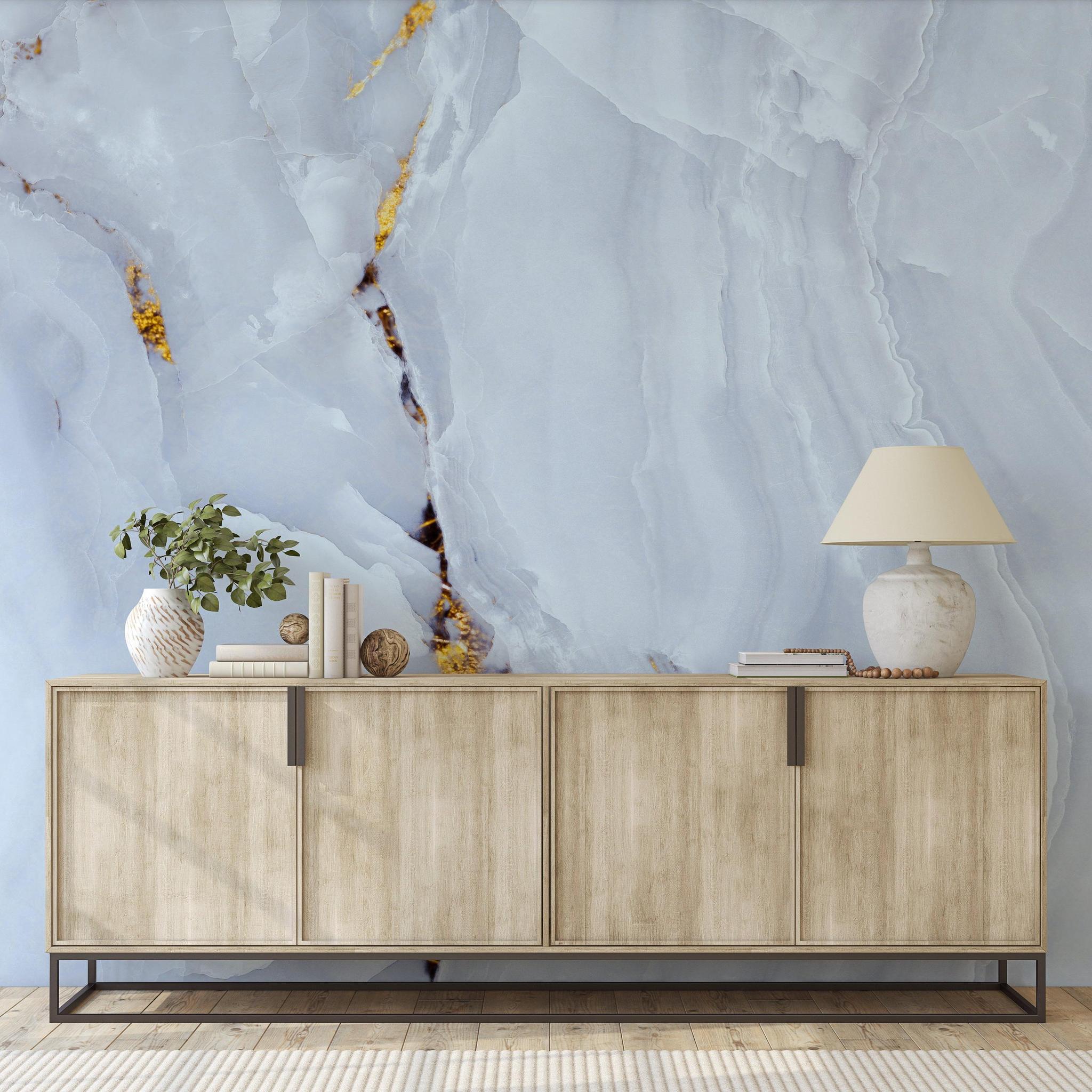 Marble-inspired Lux Wallpaper from The Kail Lowry Line enhancing a modern living room's ambiance.