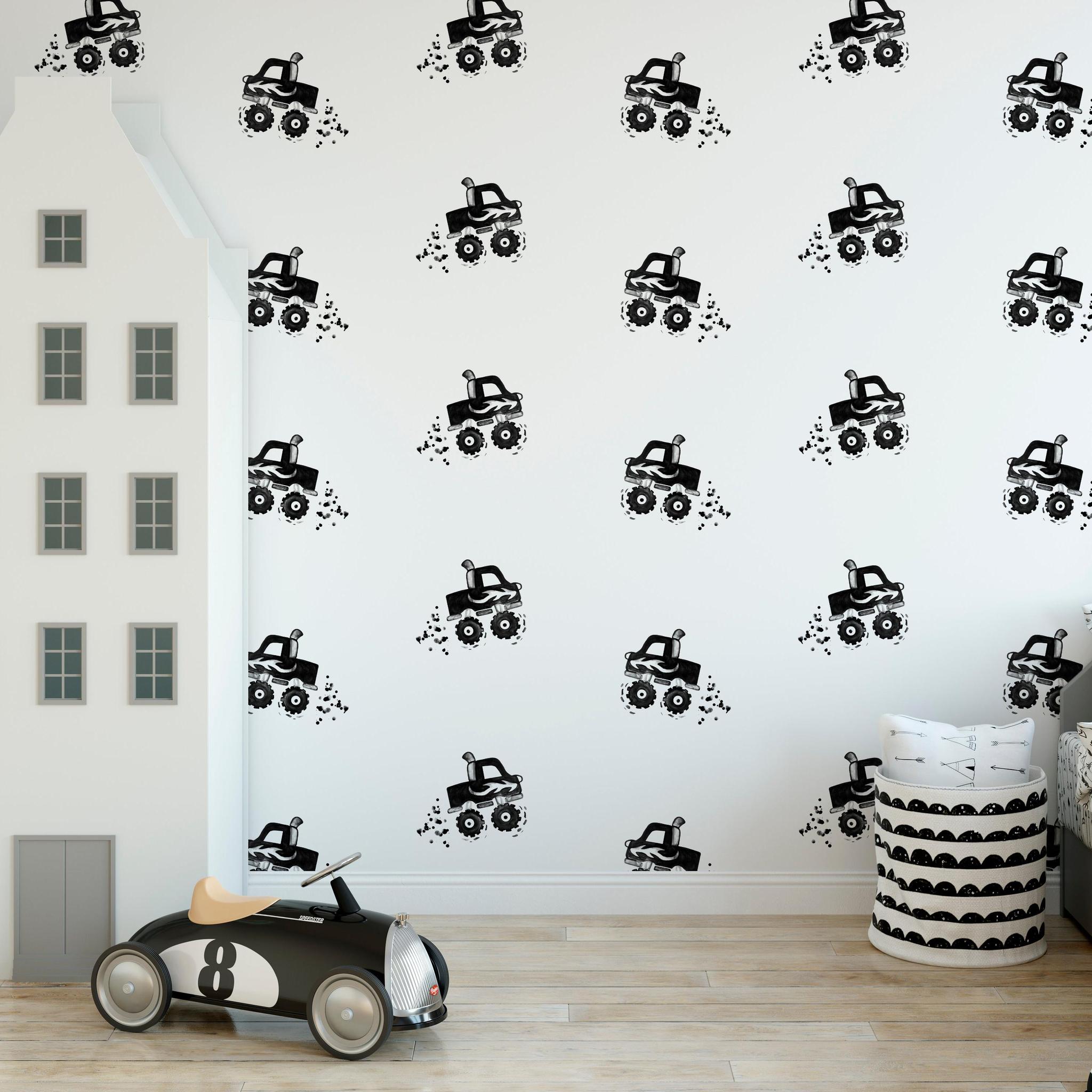 Gimme Some Speed Wallpaper by The Minty Line in a stylish child's bedroom, focusing on the playful wall decor.