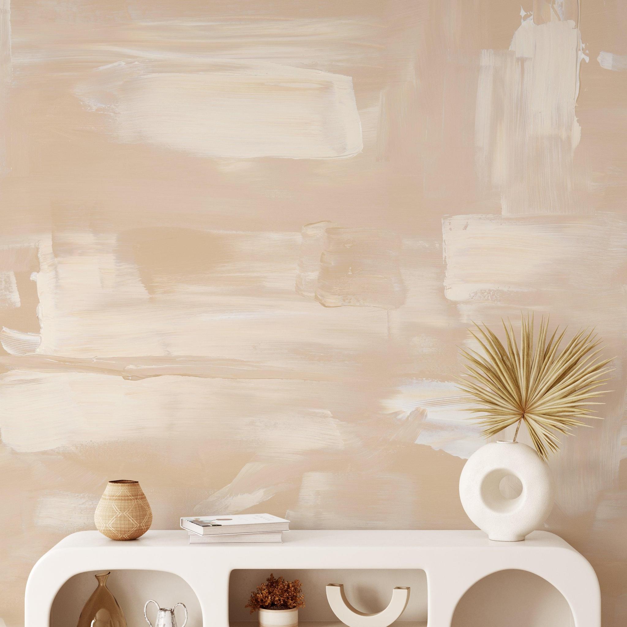 Glide Wallpaper by The Minty Line in a chic living room, showcasing abstract design and neutral tones.