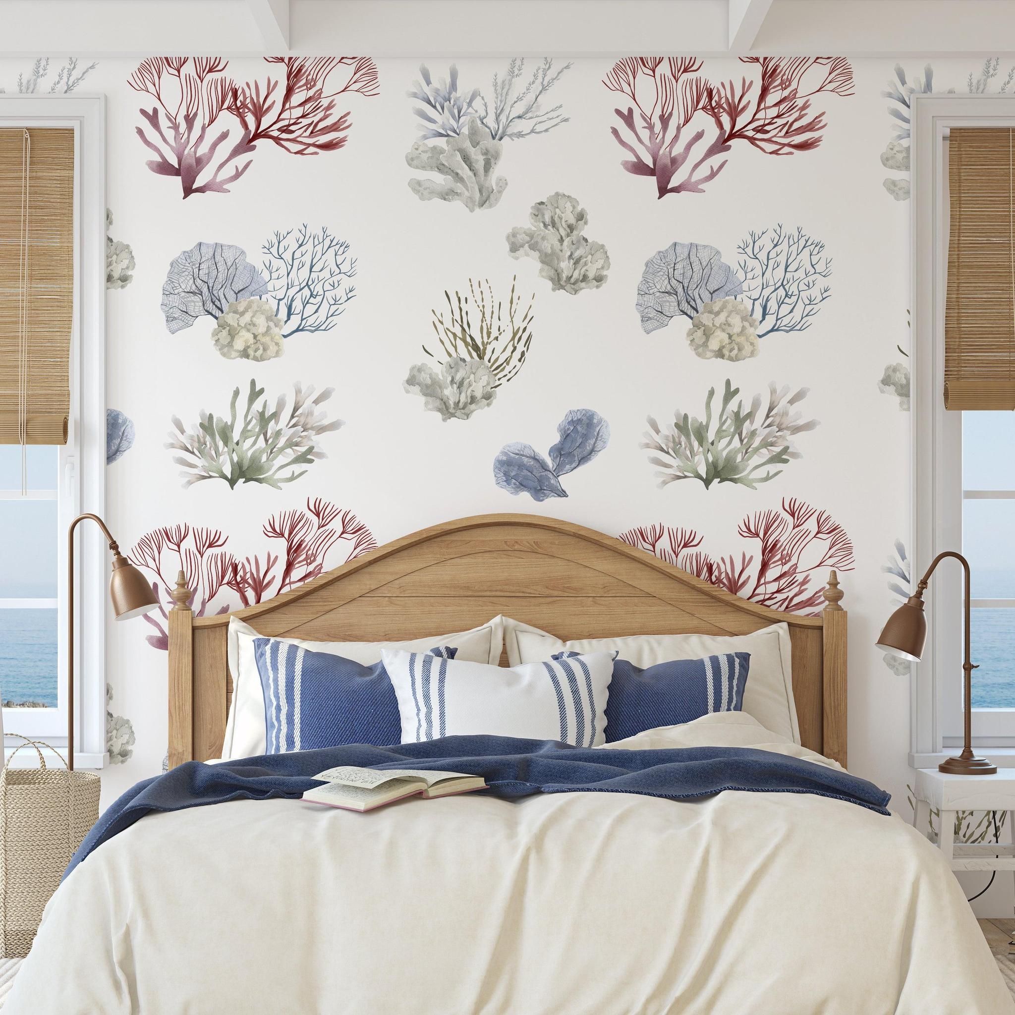 Coastal bedroom featuring Great Barrier Wallpaper by Wall Blush SG02, showcasing oceanic design.