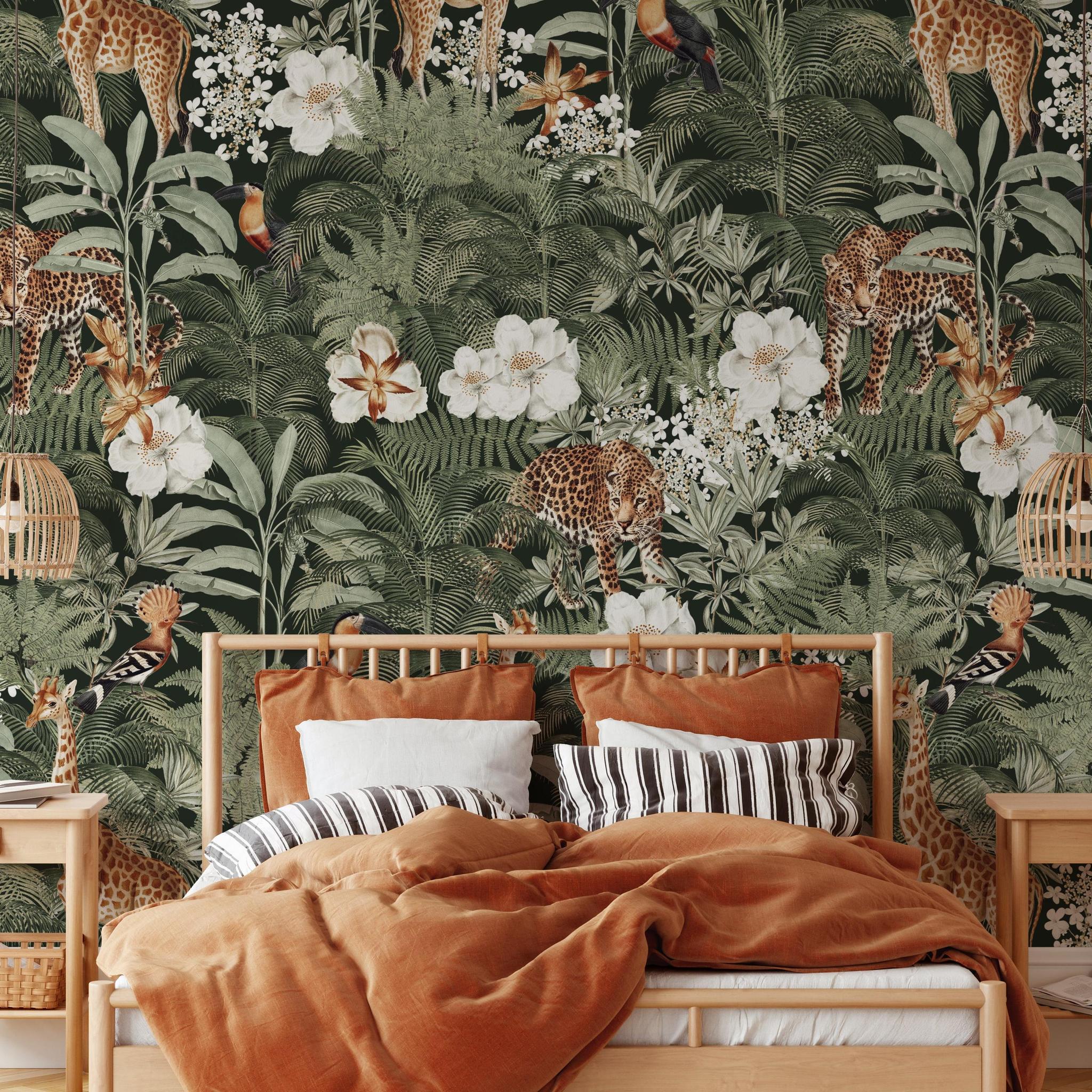 Tanzania Green Wallpaper by Wall Blush SG02 in a cozy bedroom with a focus on the vibrant wall decor.