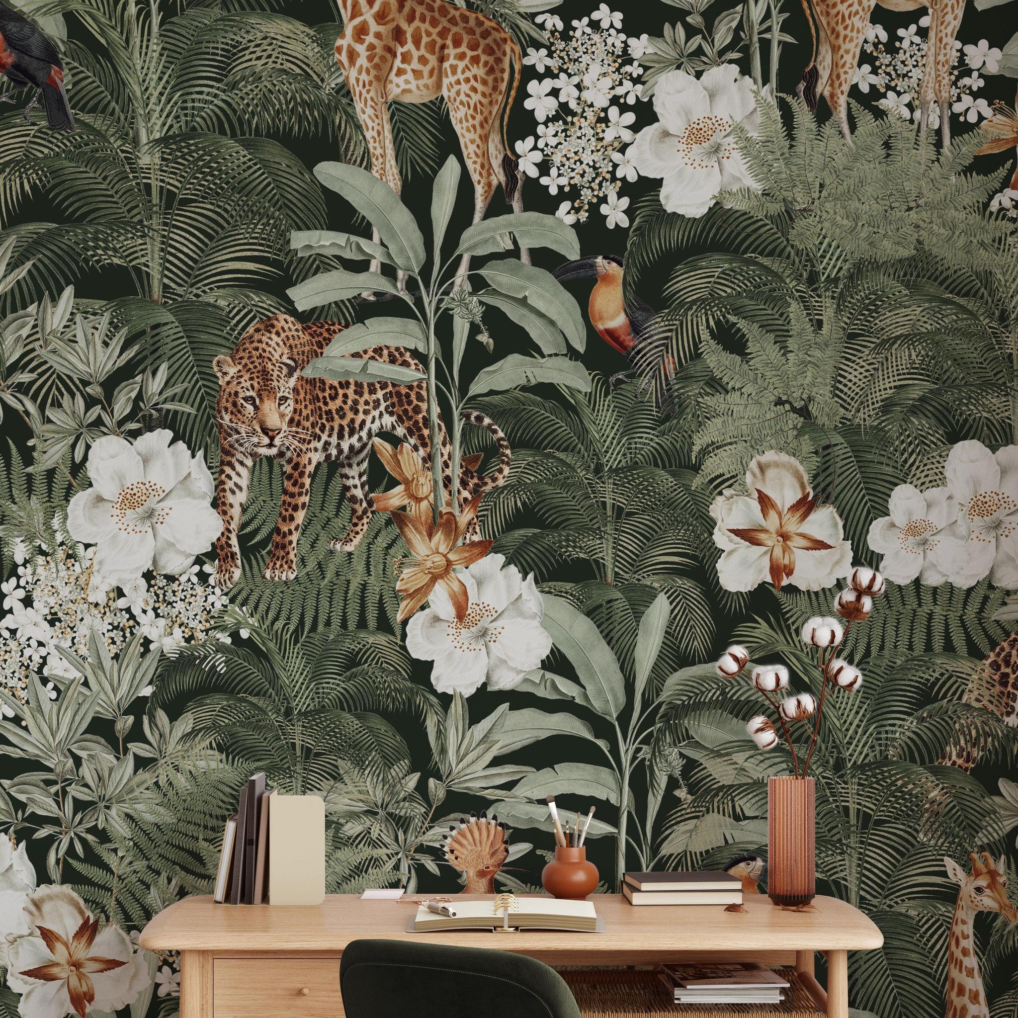 Tanzania Green Wallpaper by Wall Blush SG02 in a modern home office focusing on the lush, jungle-themed design.