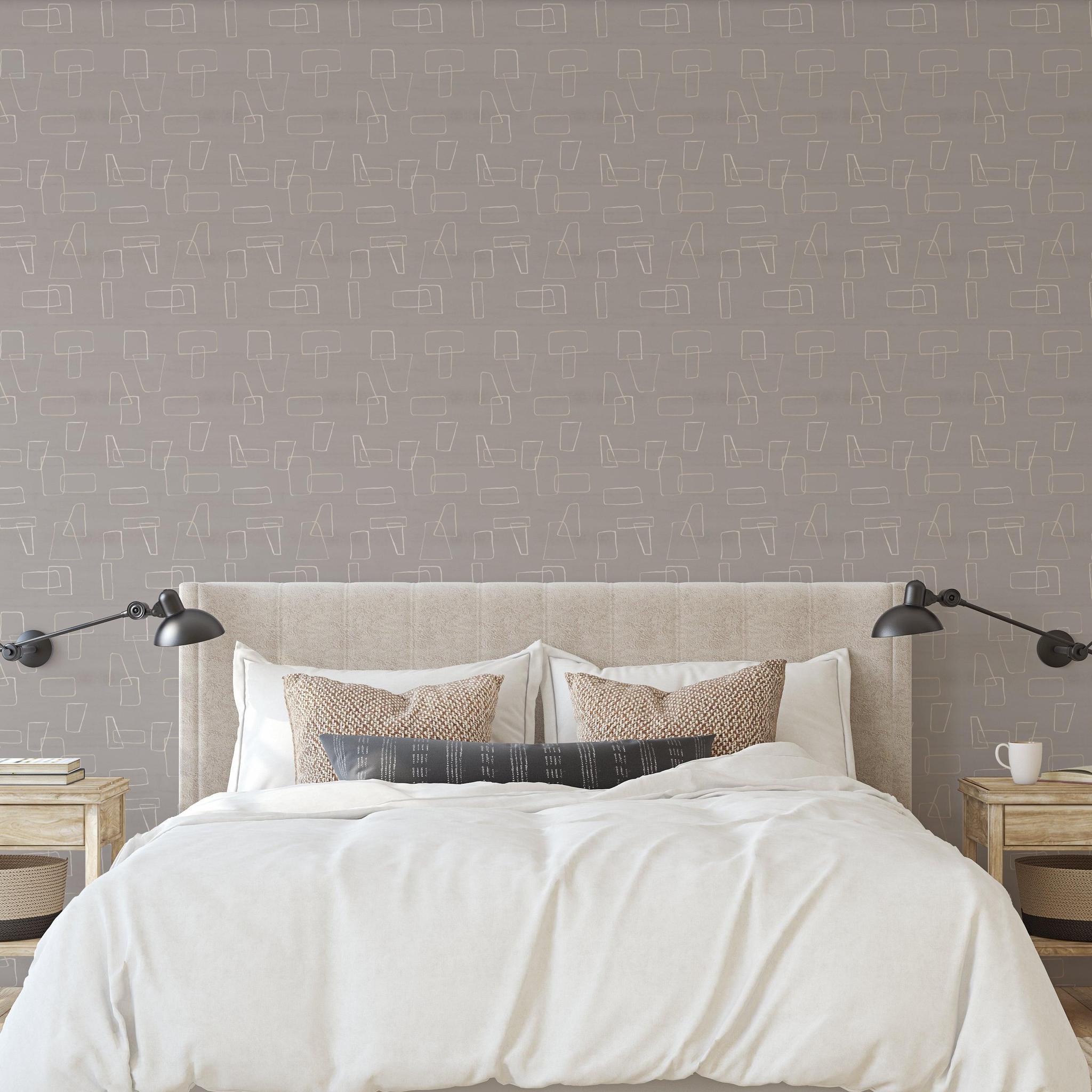 Greyson Wallpaper by Wall Blush in a modern bedroom, showcasing the elegant pattern focused on the walls.