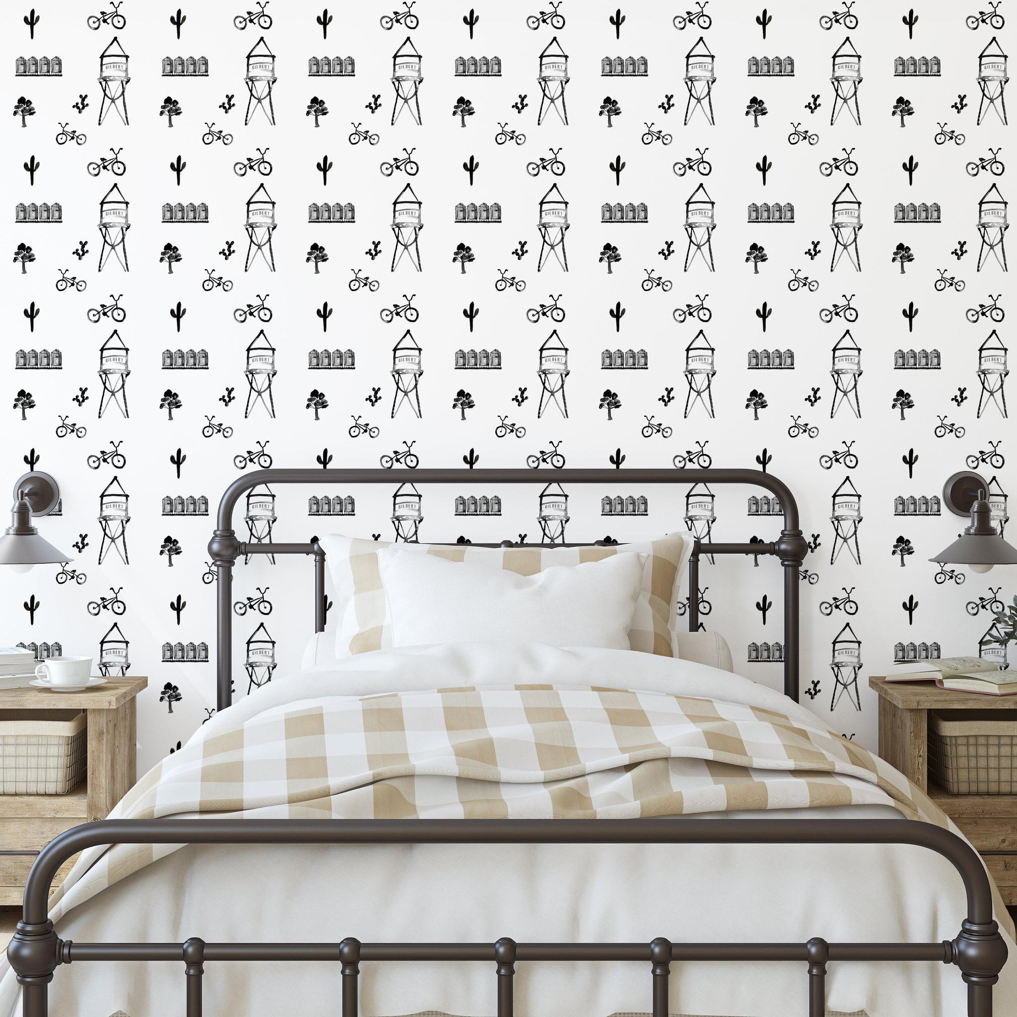 G-Town Vibes Wallpaper from The Minty Line enhancing a cozy bedroom, highlighting the unique design focus.