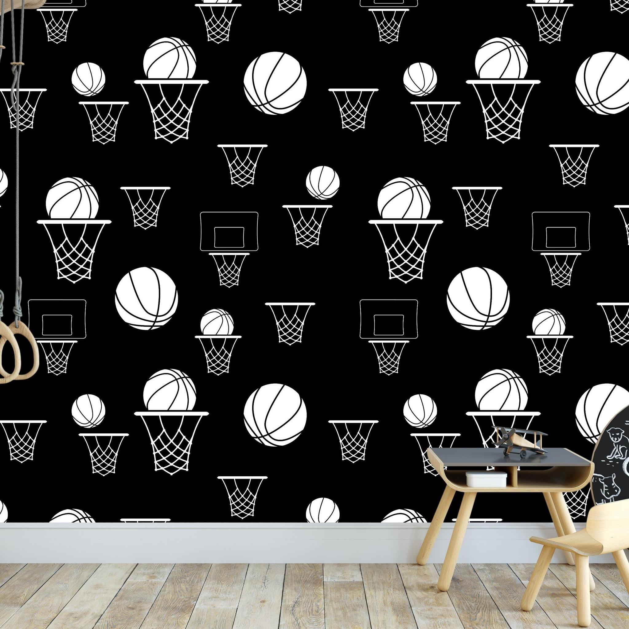 Hoops Wallpaper by Wall Blush SM01 in a stylish child's room, with basketball-themed decor, emphasizing focus on wallpaper.