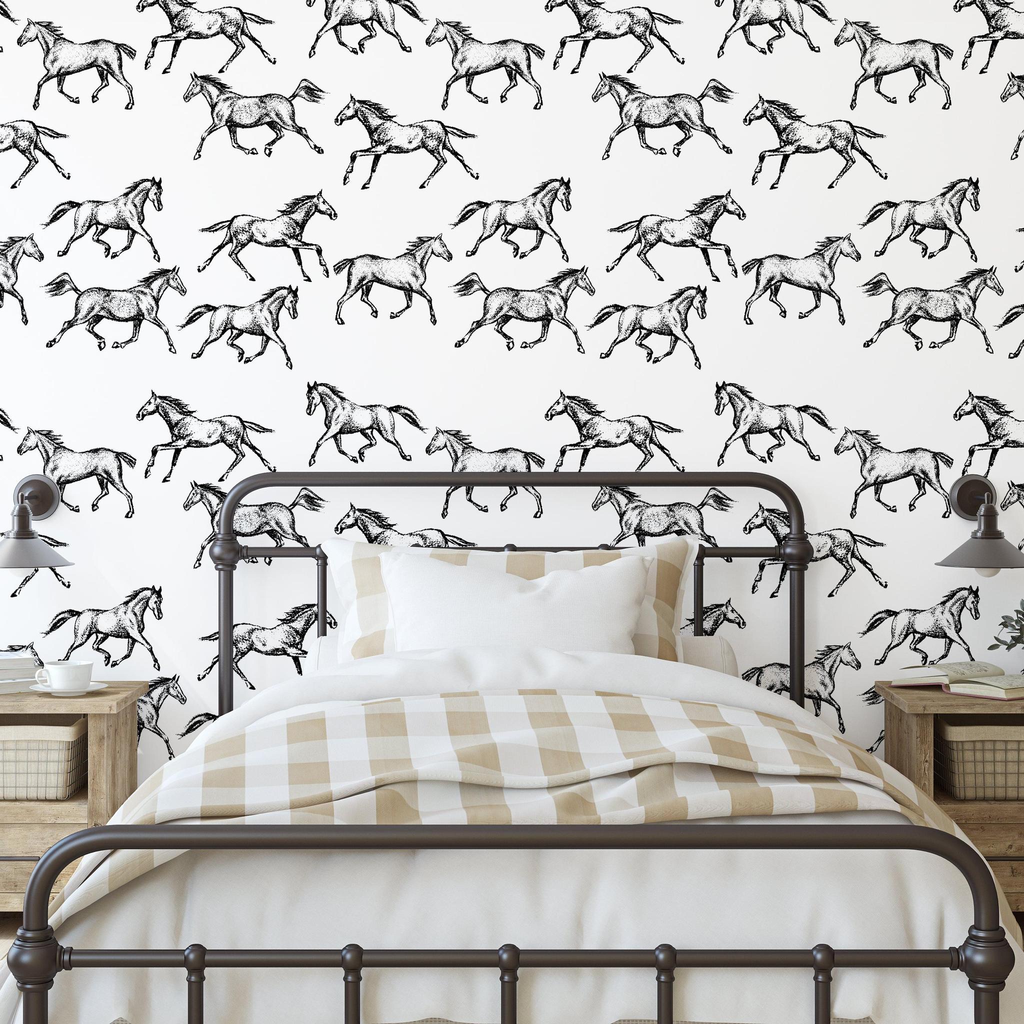 Spirit Wallpaper by Wall Blush SG02 featuring equestrian pattern in a cozy bedroom focus on wall decor