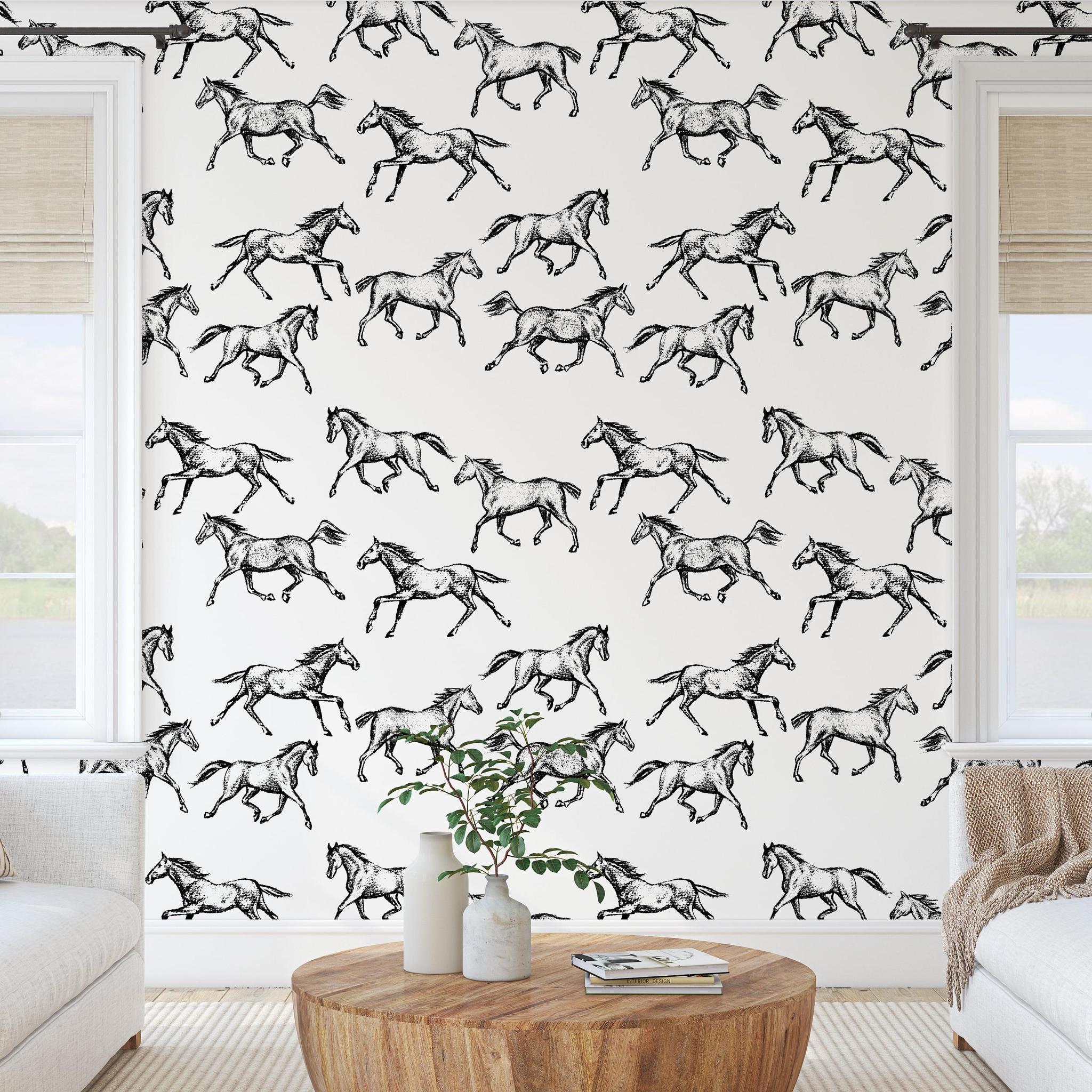 Spirit Wallpaper by Wall Blush SG02 featured in stylish living room with horse pattern focus.