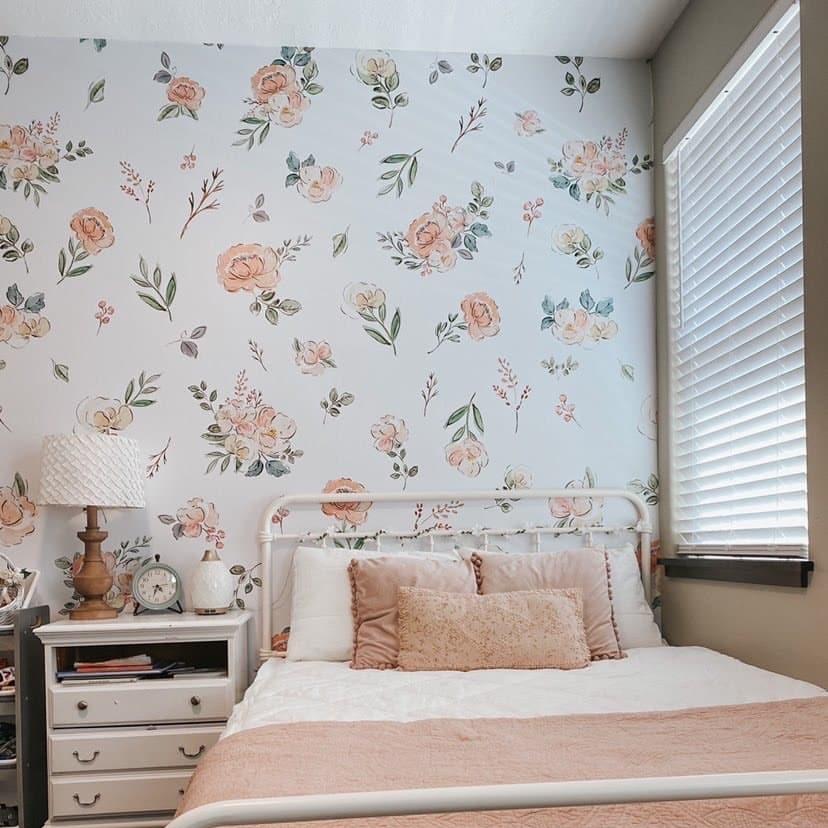Alt: The Cosette - Floral Wallpaper by Wall Blush enhancing a cozy bedroom, focus on elegant botanical design.