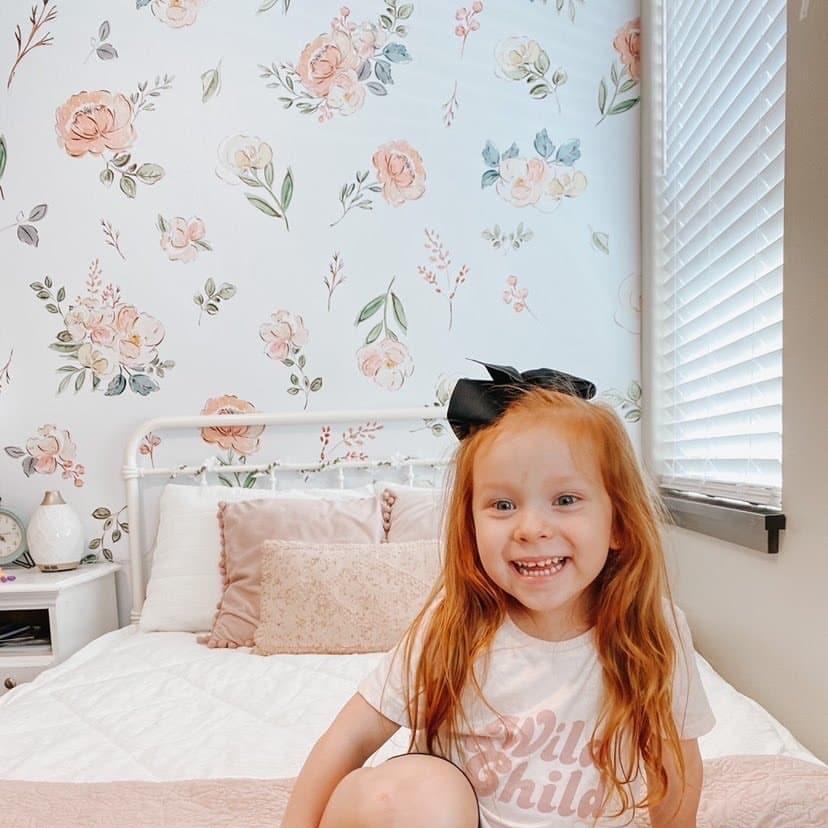 The Cosette - Floral Wallpaper by Wall Blush in a cozy bedroom, focus on elegant floral design.