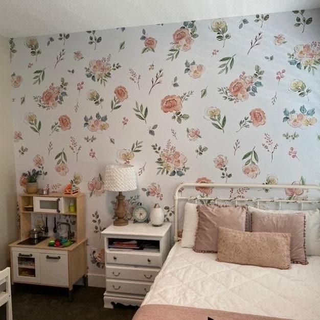 The Cosette - Floral Wallpaper by Wall Blush, elegant design in a cozy bedroom setting, highlighting room aesthetics.