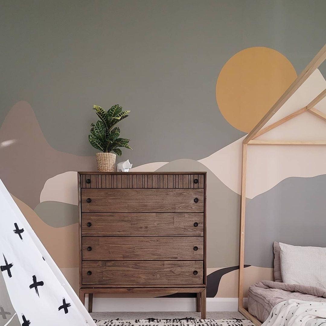 Alt text: Journey Wallpaper by Wall Blush showcased in a stylish children's room, with modern furnishings and playful decor.