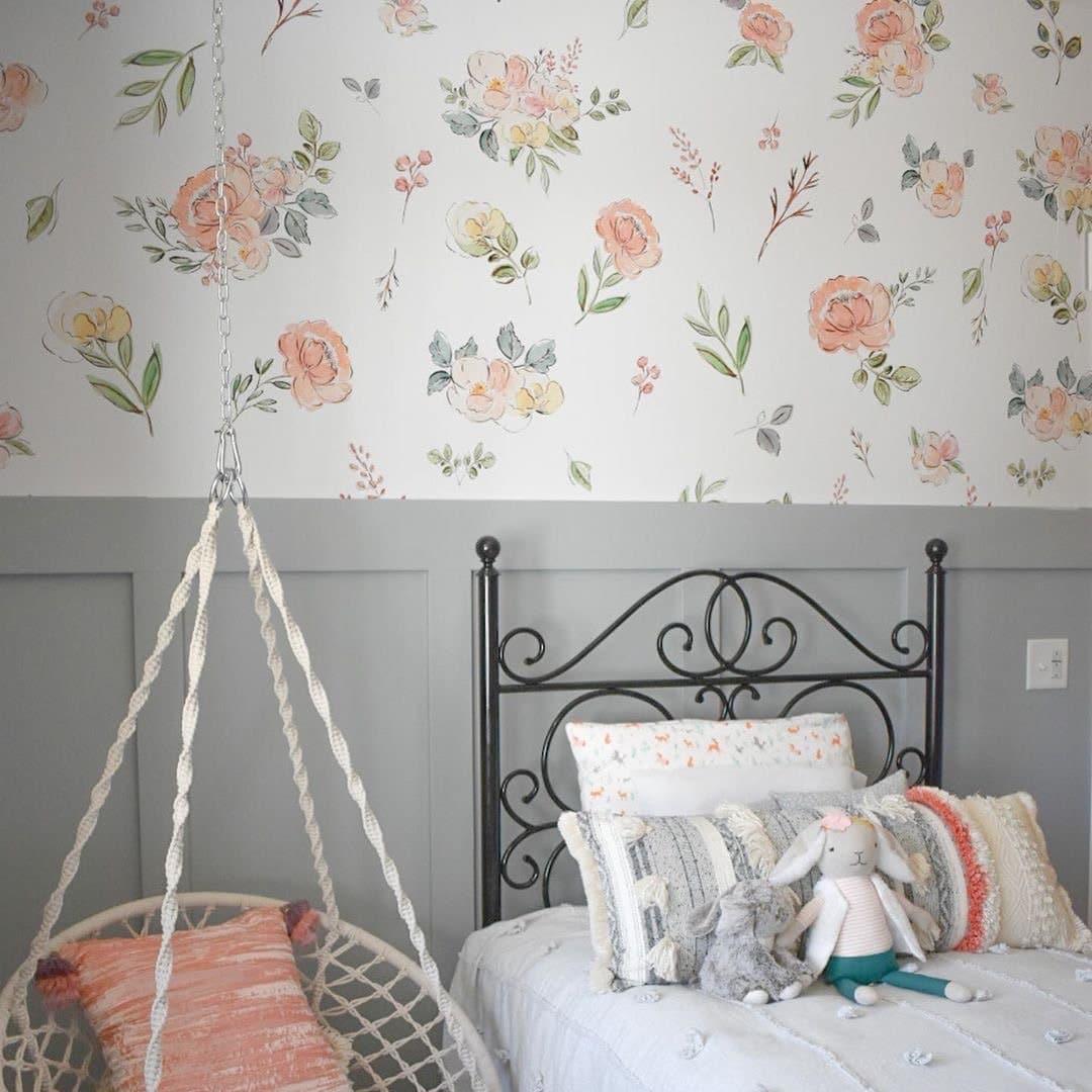 The Cosette - Floral Wallpaper by Wall Blush in a stylish bedroom, highlighting elegant wall decor focus.