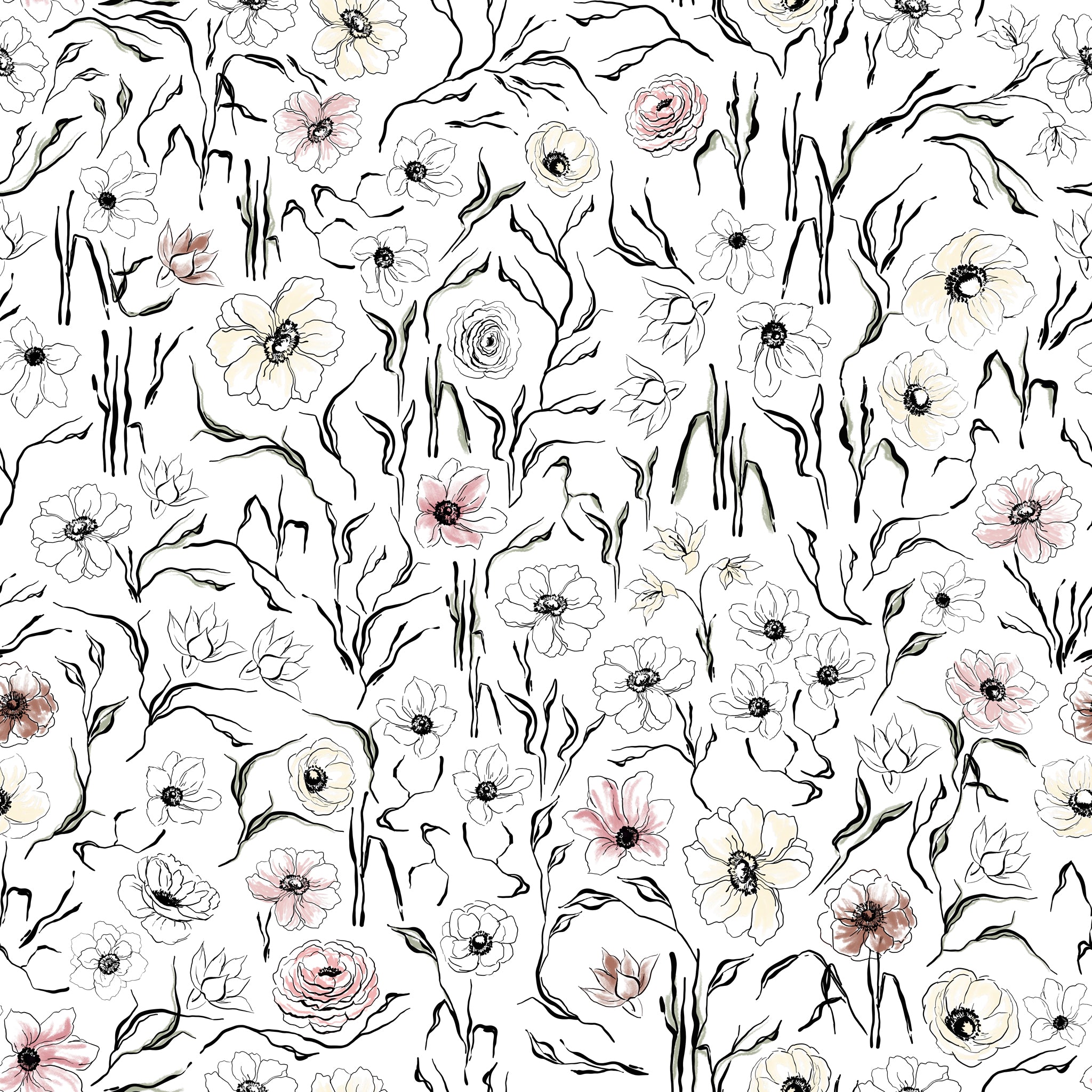 "Scribe Wallpaper by Wall Blush featuring floral design in a modern living room setup, emphasizing stylish home decor."