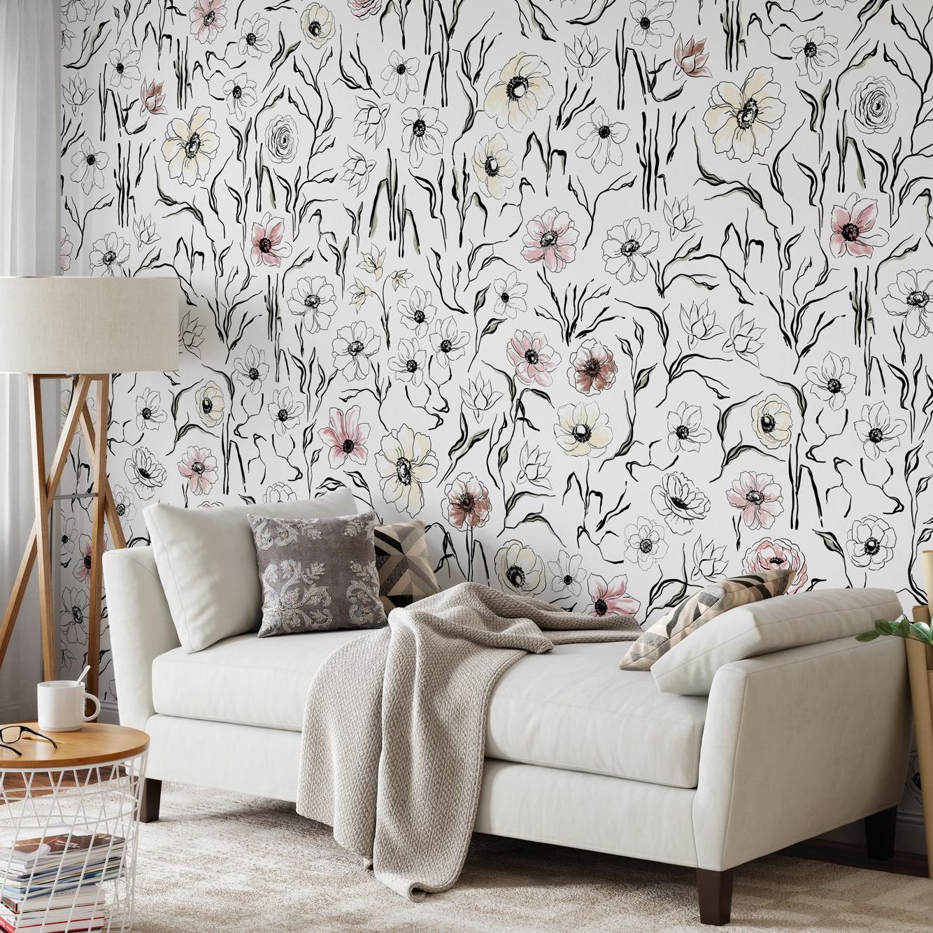 Scribe Wallpaper by Wall Blush SG02 in a modern living room, emphasizing elegant floral patterns.