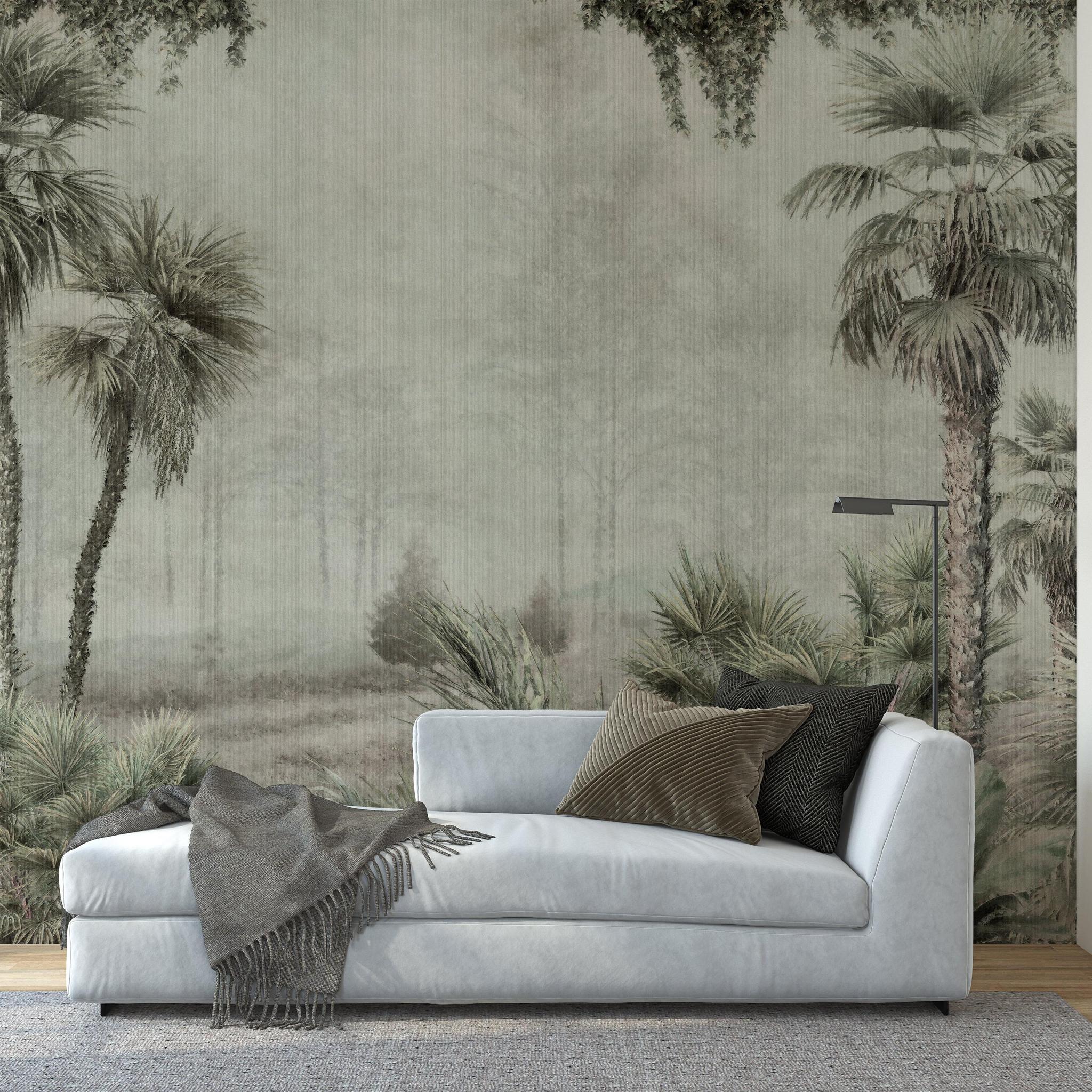 Mowgli Wallpaper by Wall Blush in modern living room with palm design for a nature-inspired home decor focus.