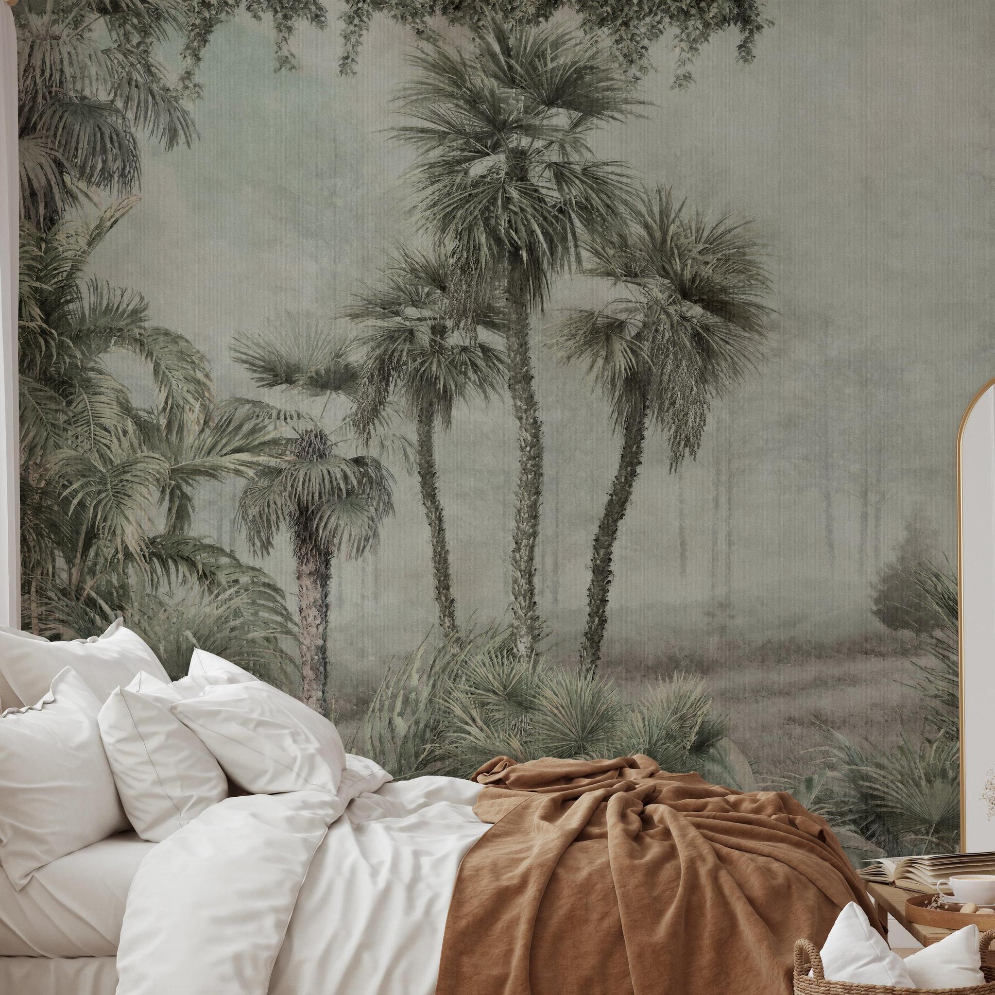 Mowgli Wallpaper by Wall Blush enhancing a cozy bedroom ambiance, tropical design focus, luxurious home decor.