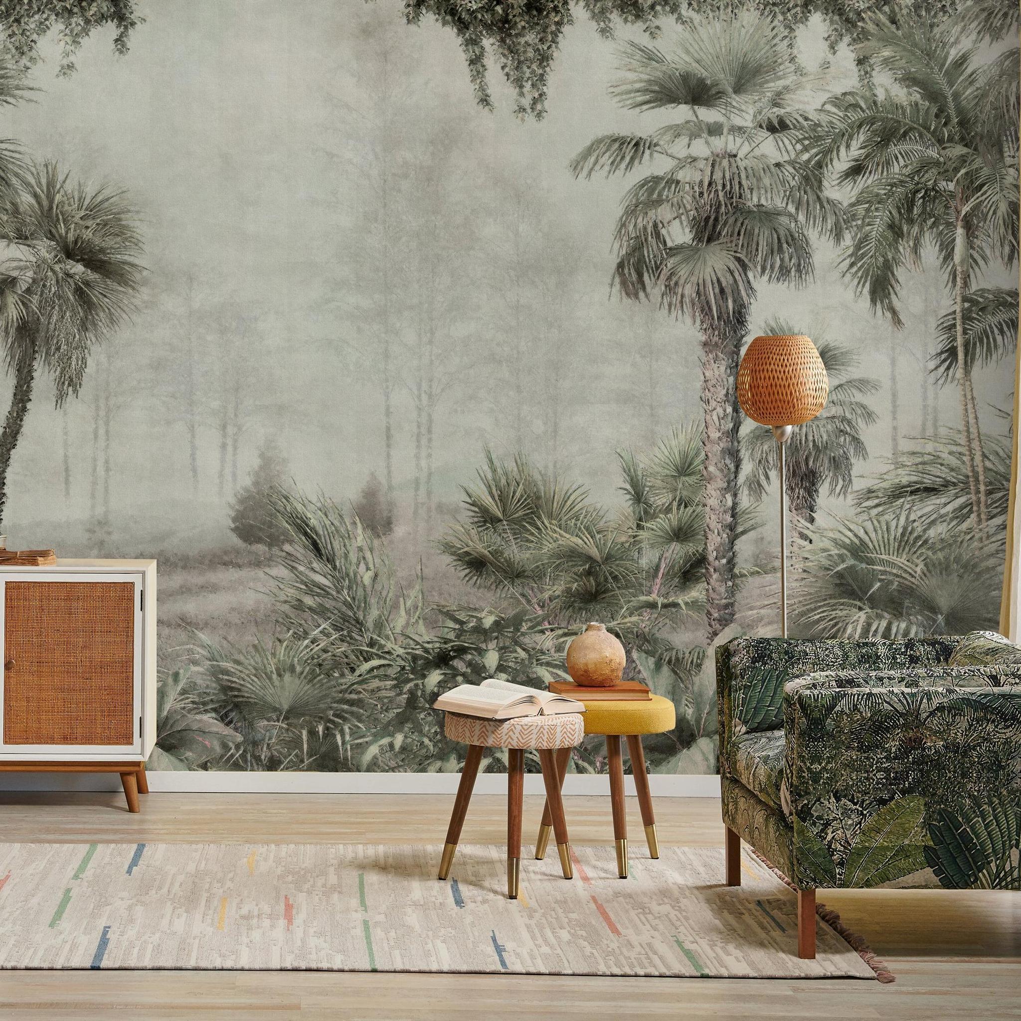 Mowgli Wallpaper by Wall Blush in a stylized living room, showcasing lush tropical pattern as the main focus.