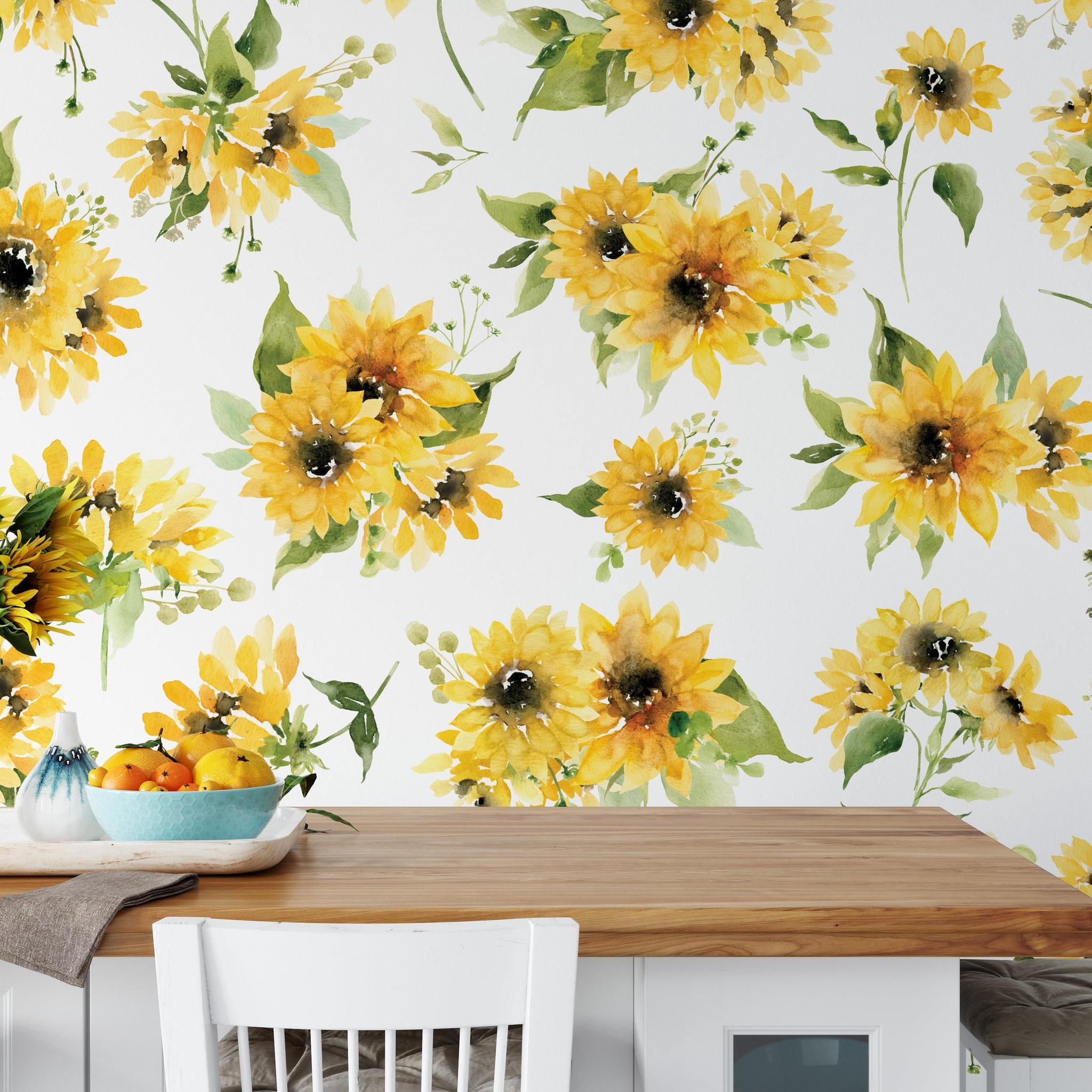 Vibrant Juniper Wallpaper from The Chelsea DeBoer Line featured in a modern kitchen, highlighting the floral design.