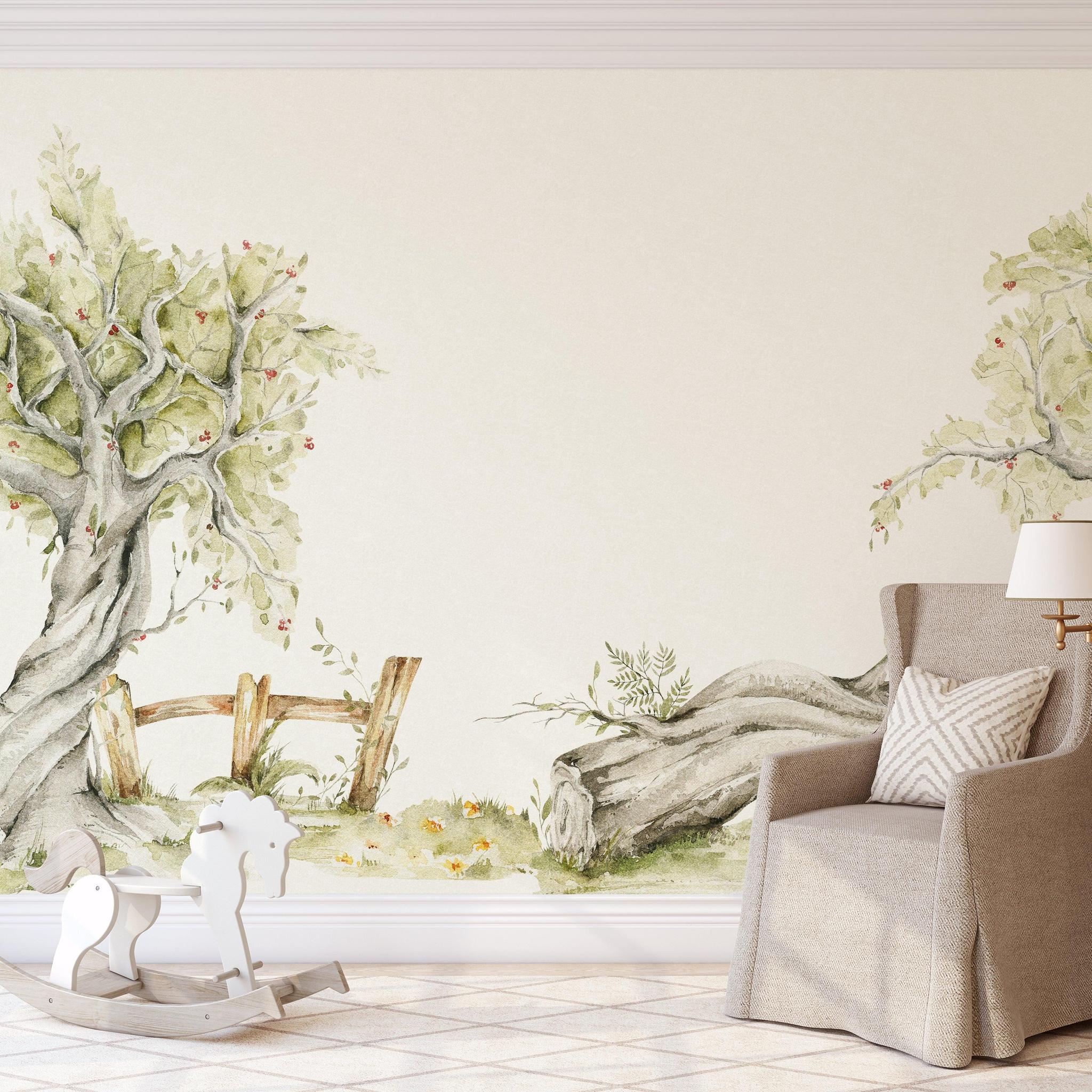 Glade Wallpaper by Wall Blush SG02 featuring pastoral tree design in a cozy living room setting.