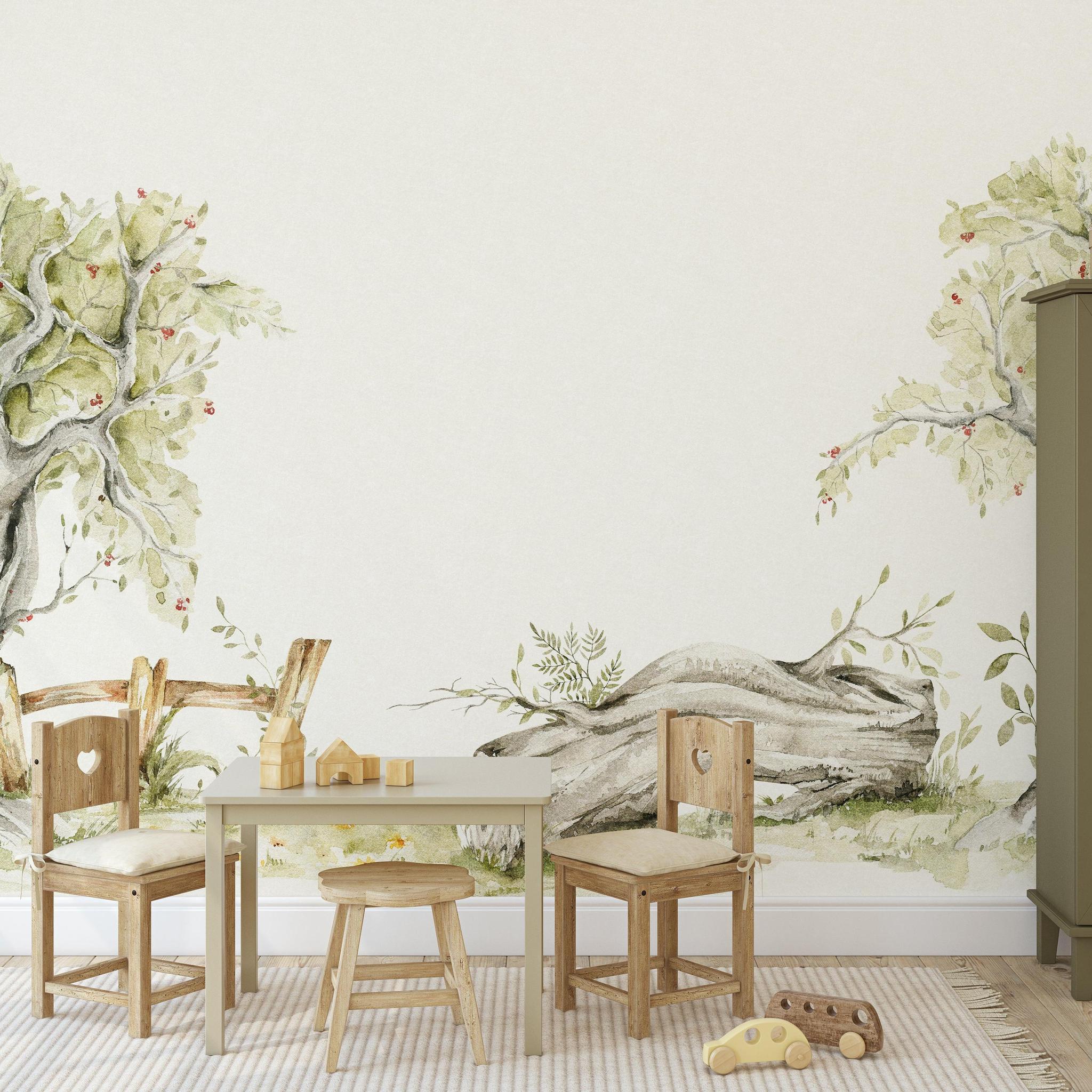 Wall Blush SG02 Glade Wallpaper in a cozy dining room with warm wooden furniture and subtle decor.