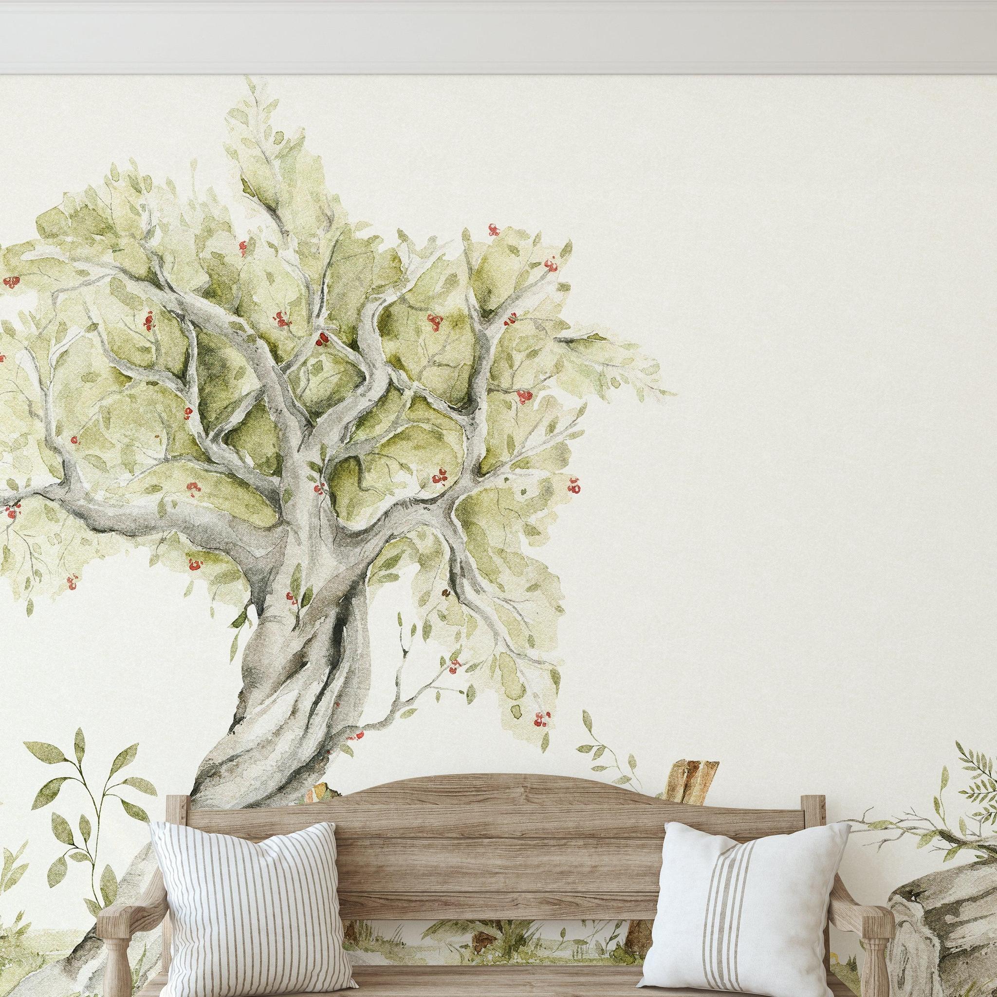 Wall Blush SG02 Glade Wallpaper featured in cozy living room with rustic wooden bench and tree motif.