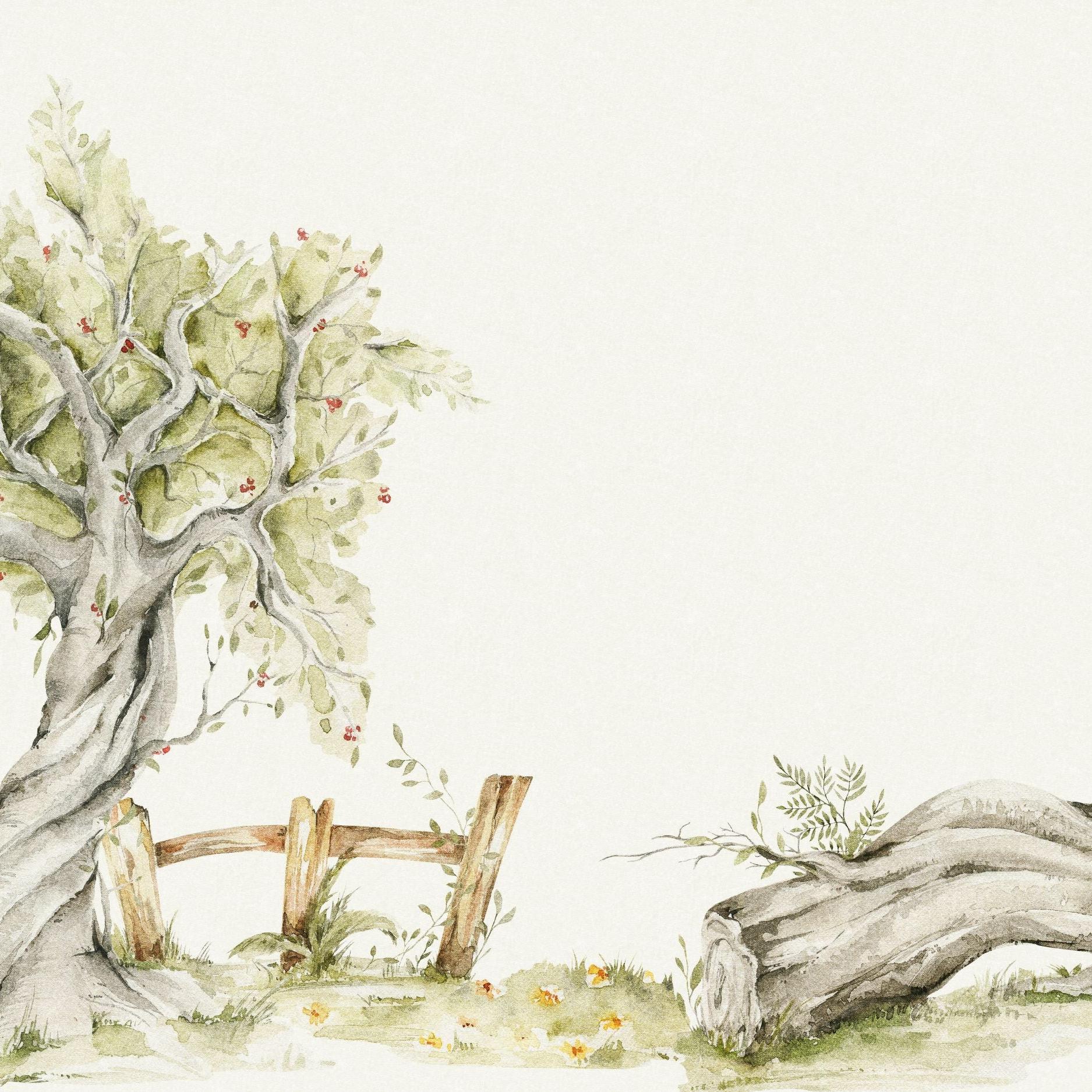 Glade Wallpaper by Wall Blush SG02 featuring a pastoral design in a living room setting.
Please note the image provided doesn't show any room, but is a close-up of the wallpaper pattern. The alt text is assuming the application of the wallpaper in a living room for SEO purposes.