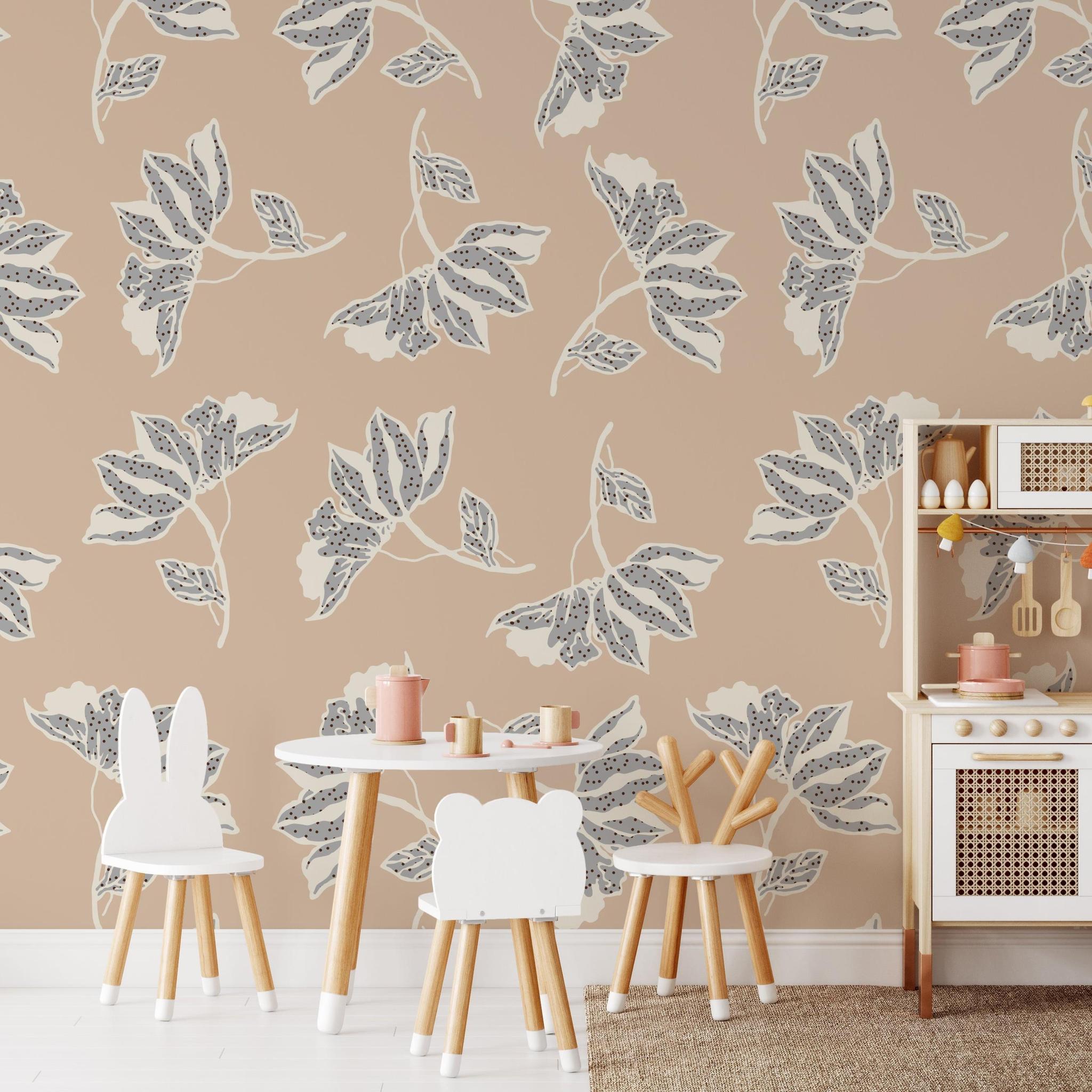 Leah Wallpaper by Wall Blush in a stylish children's room, showcasing elegant leaf patterns.
