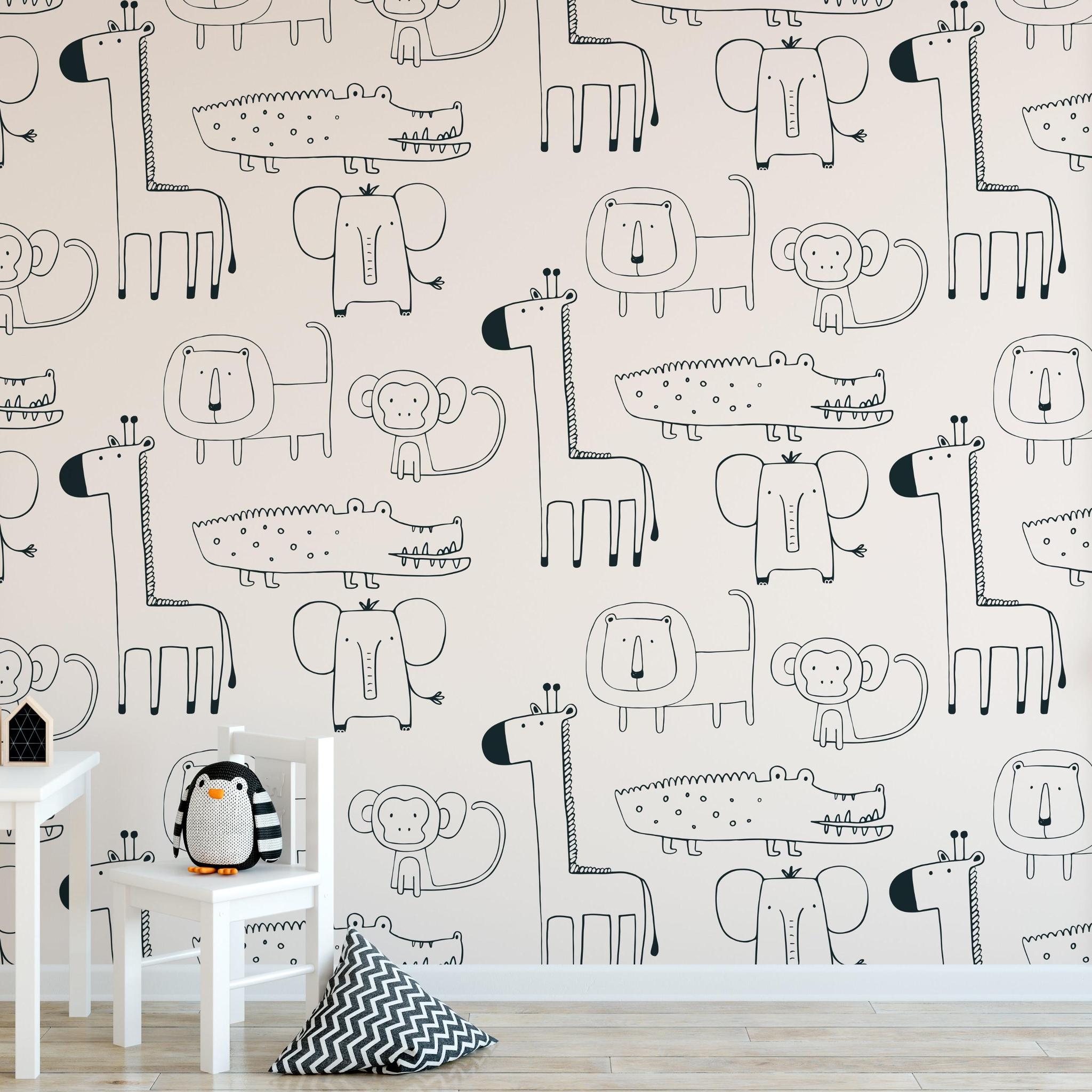 Children's room featuring the playful Wilder Wallpaper by Wall Blush SG02, highlighting the whimsical animal design.