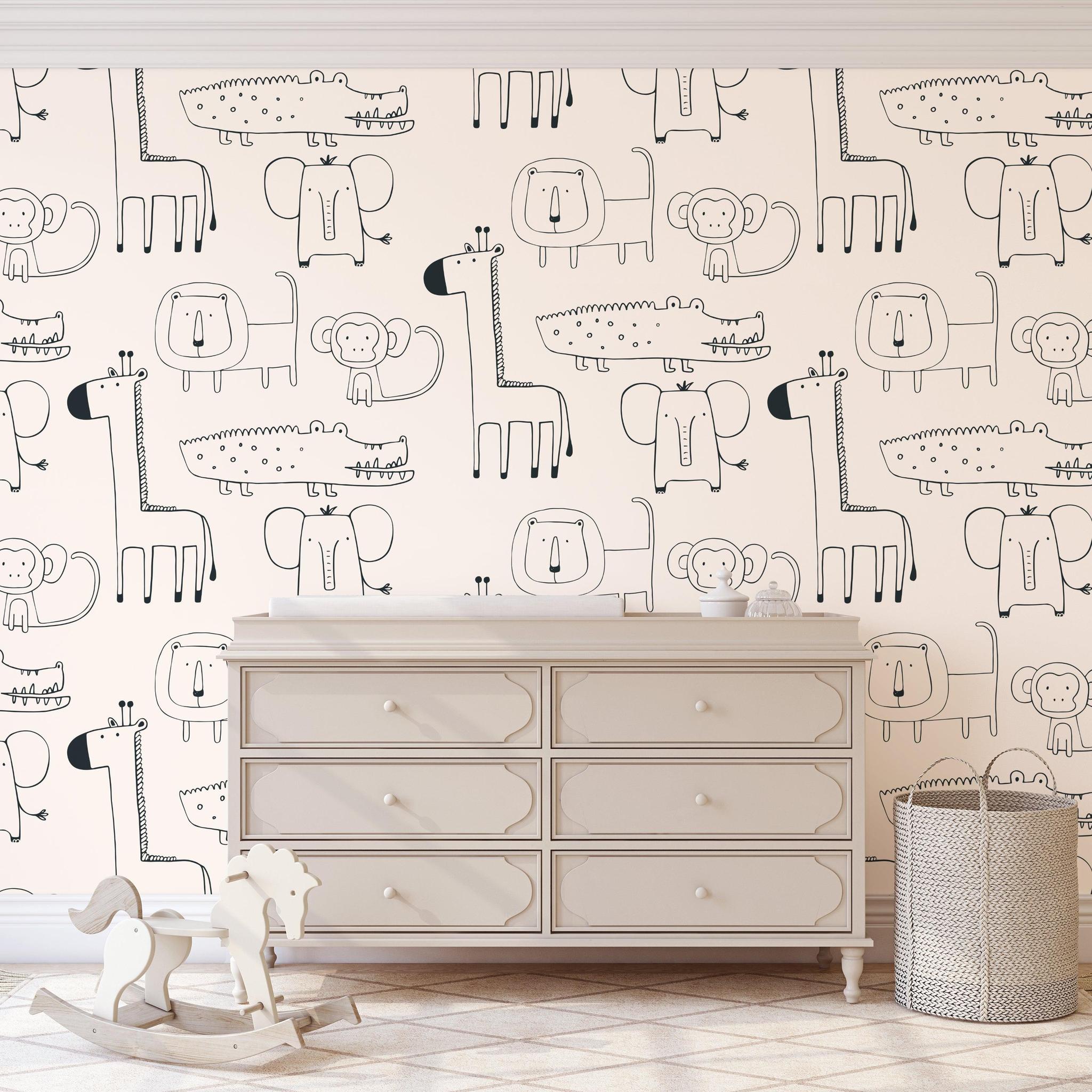 Wilder Wallpaper by Wall Blush SG02 in a stylish nursery room, highlighting the playful animal design.