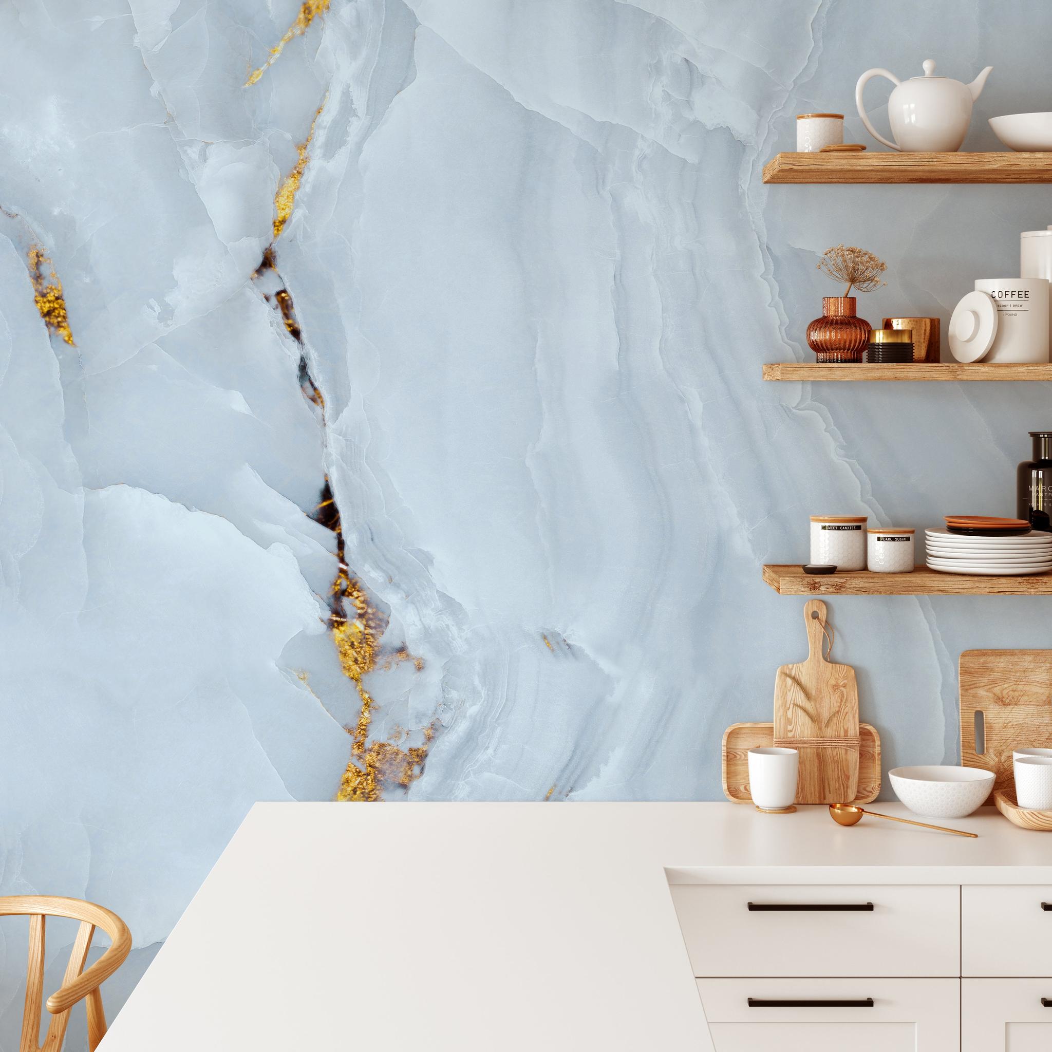 "Wall Blush Lux Wallpaper in a modern kitchen, highlighting elegant blue and gold marble design, focus on decor."