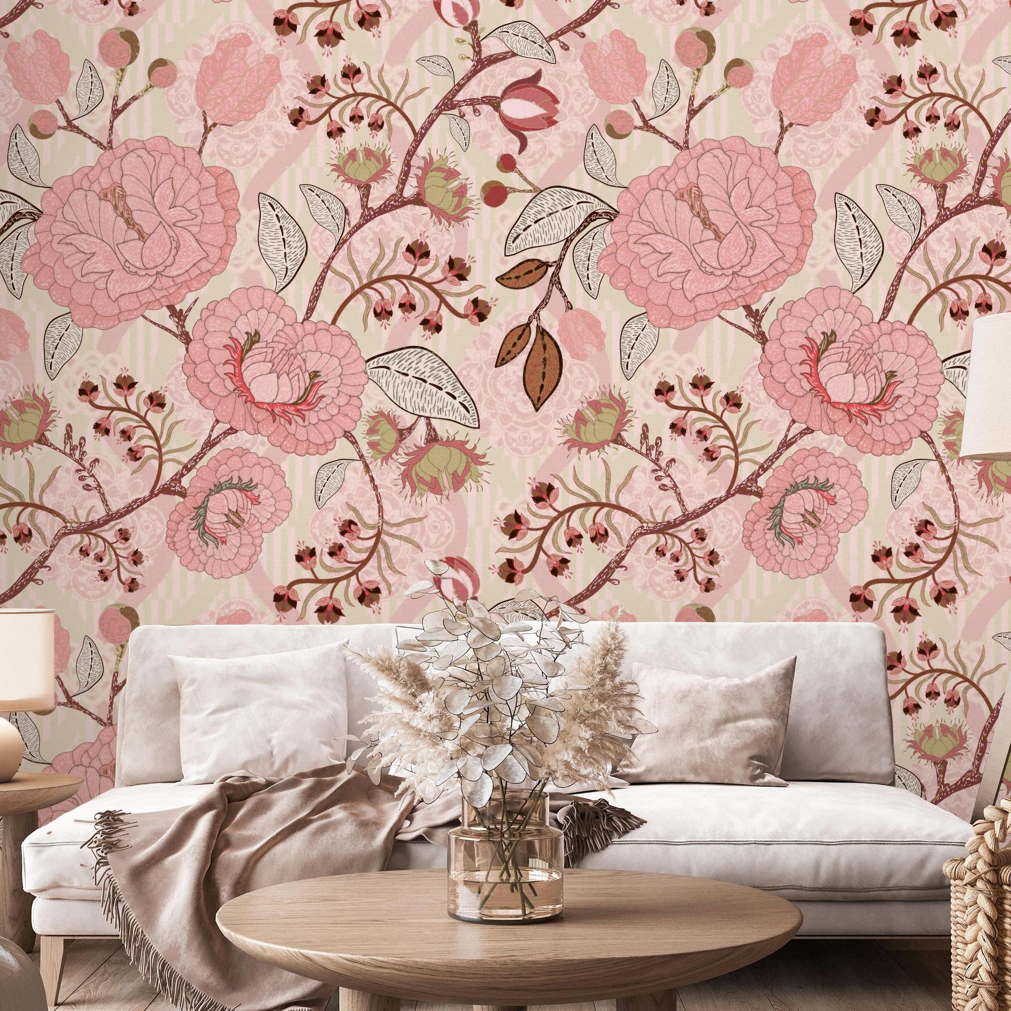 Vivian Wallpaper floral pattern in a cozy living room highlighted by Wall Blush SG02, modern decor focus.