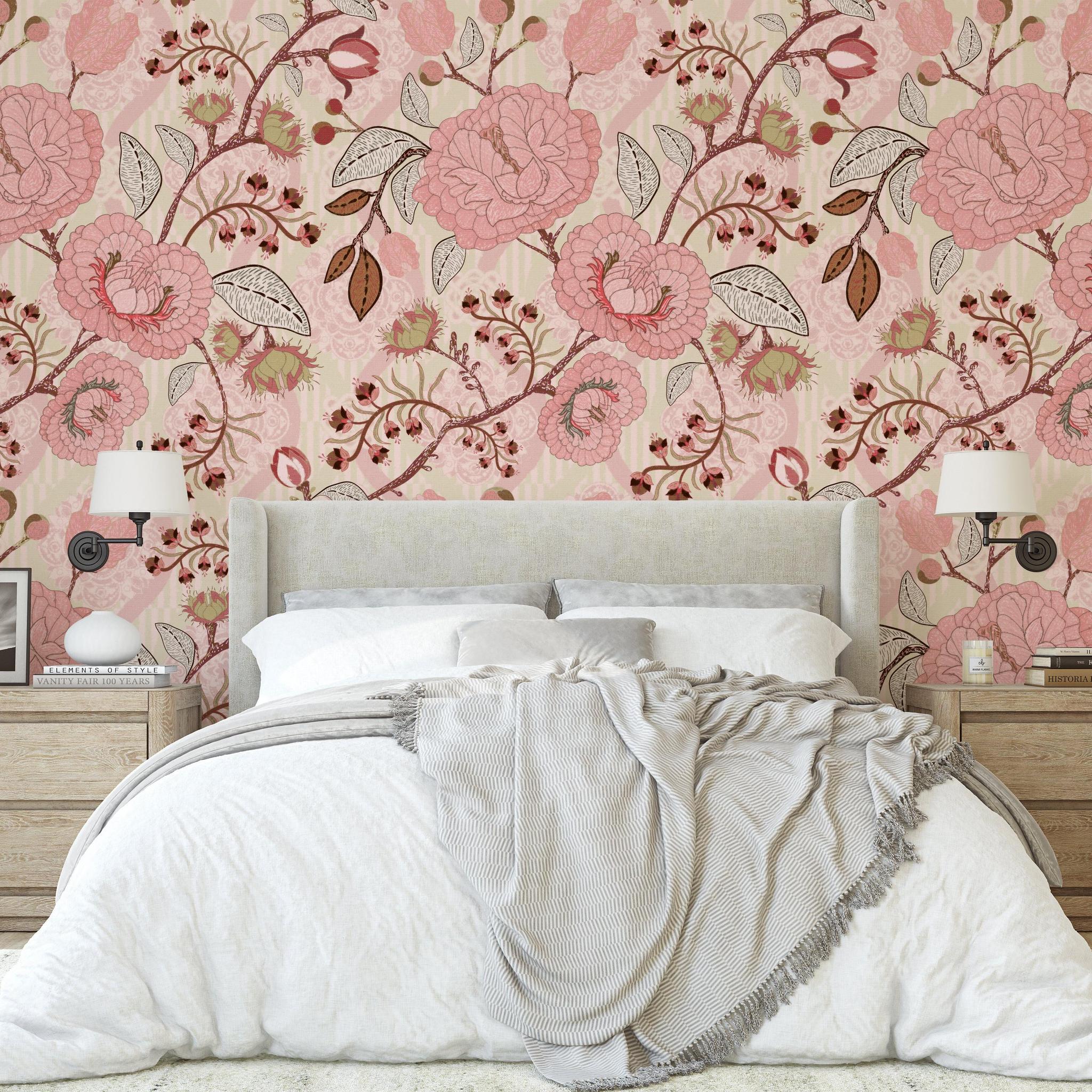 Vivian Wallpaper by Wall Blush SG02 in cozy bedroom with floral pattern focus