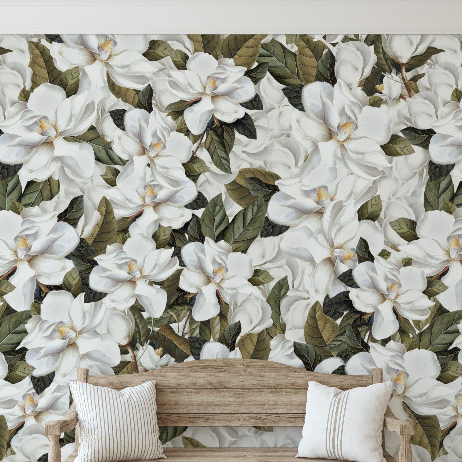 Pierre (Off White) Wallpaper by Wall Blush SG02, elegant floral design in a living room setting