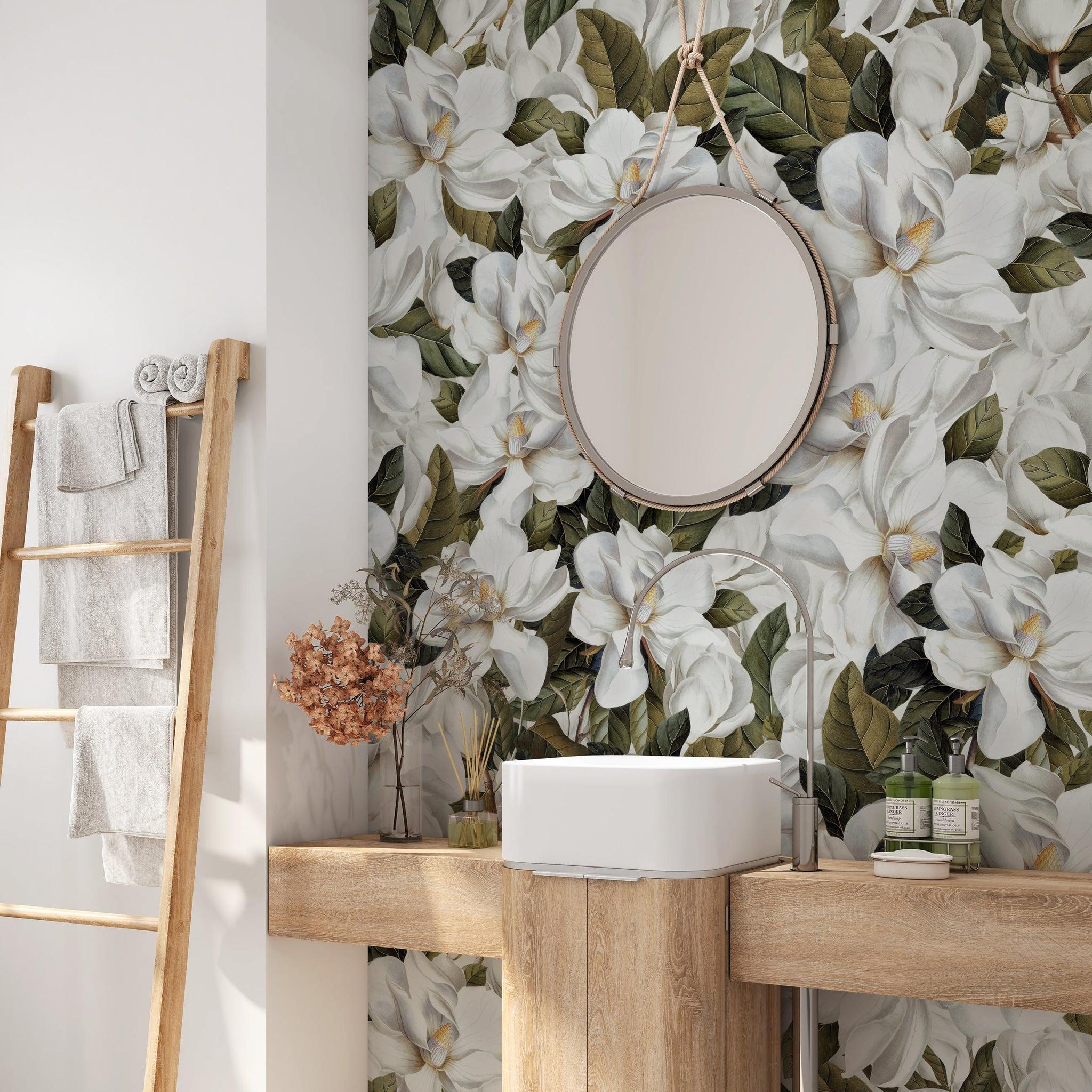 Pierre (Off White) Wallpaper by Wall Blush SG02 highlighted in elegant bathroom decor.