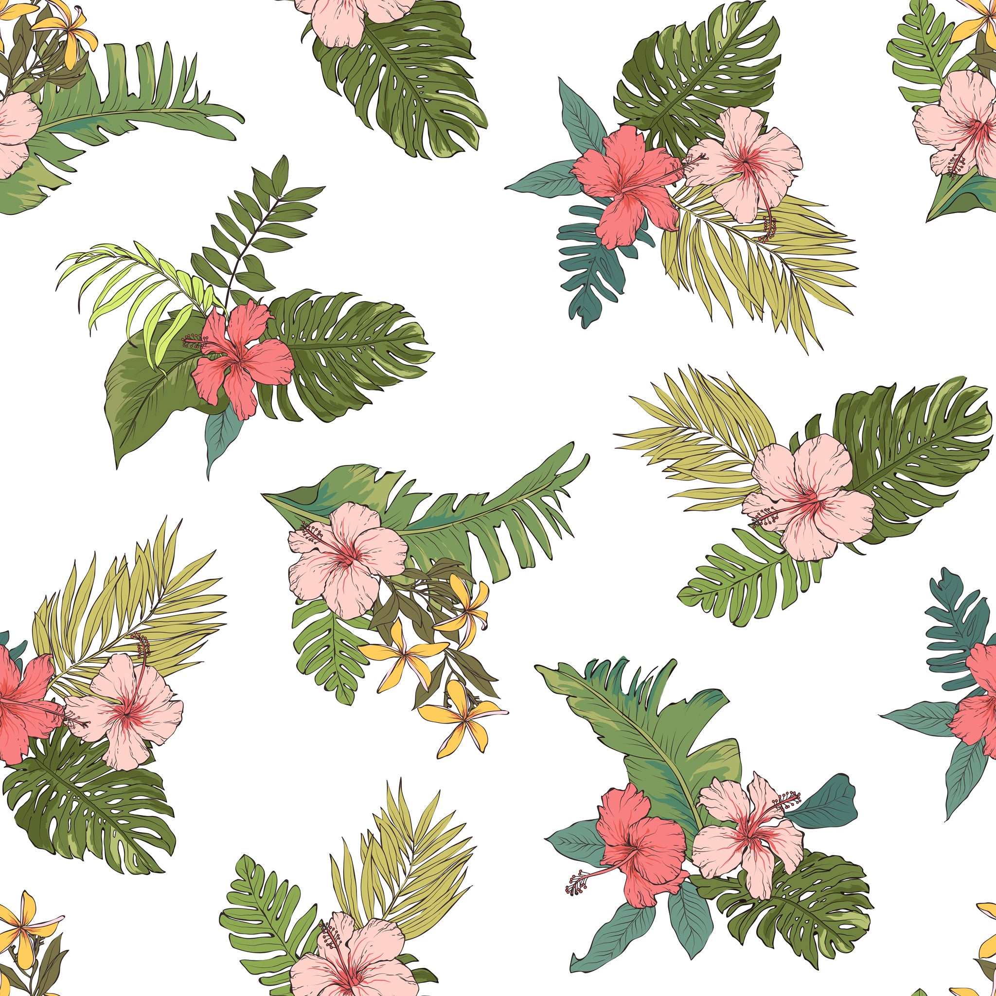 "Wall Blush's Mahalo Wallpaper featuring tropical floral patterns in a stylish living space."
(Note: The image provided is a seamless pattern and does not depict a room. The alt text assumes that the wallpaper design is applied in a living space to comply with the request for including the type of room. If the room type is irrelevant or incorrect based on the actual use, it should be modified accordingly.)