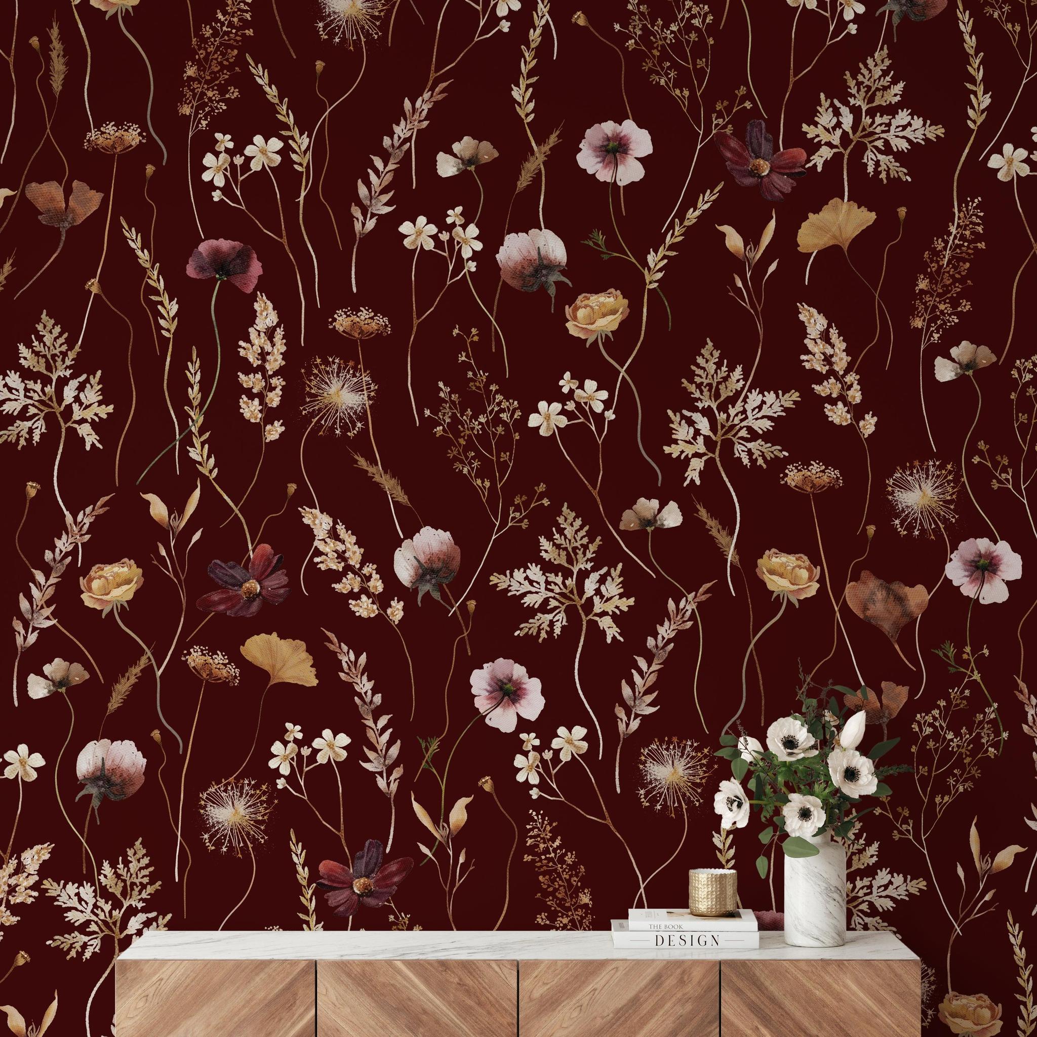 Elegant Wall Blush SM01 Dahlia (Maroon) Wallpaper in a modern living room, highlighting the floral design.