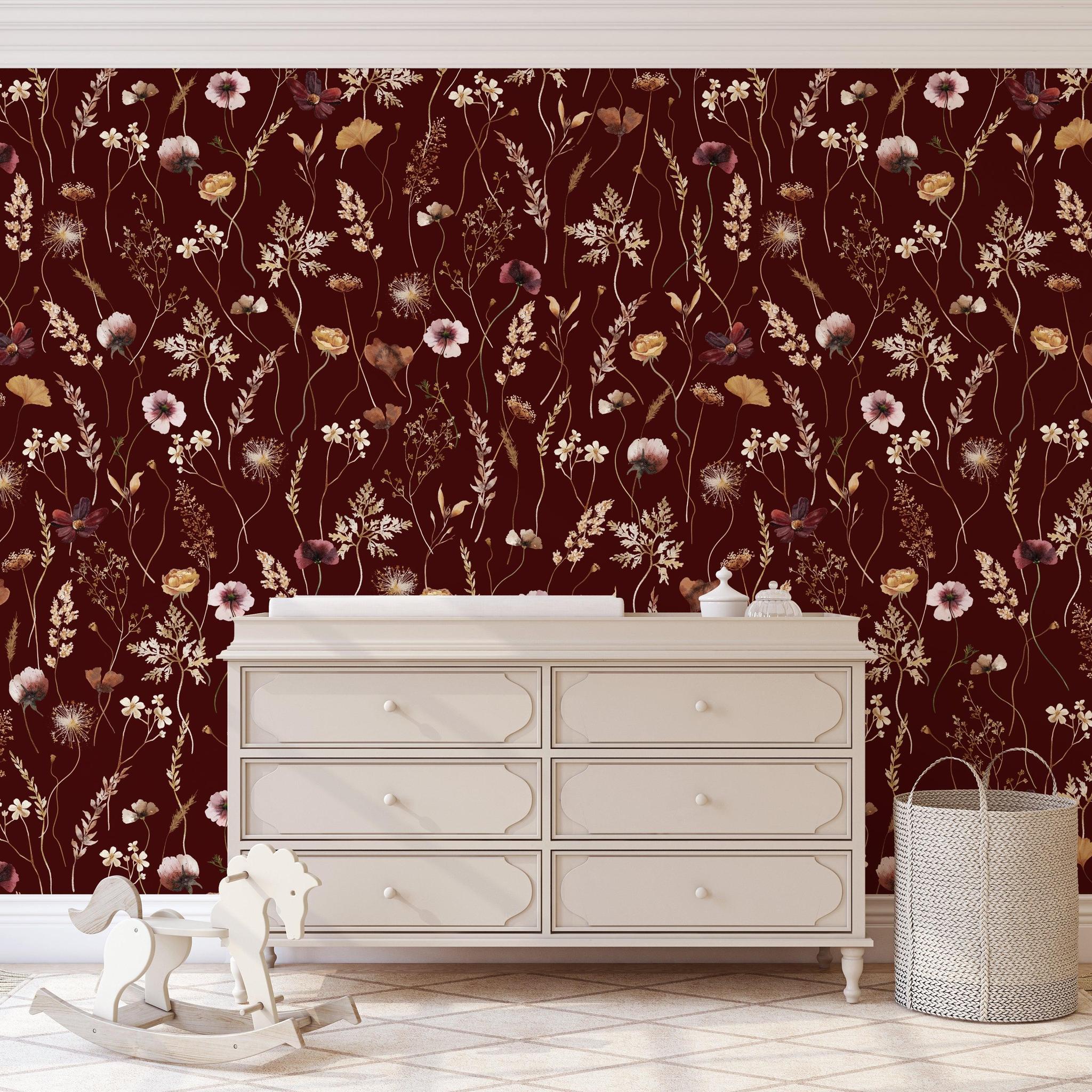 Dahlia (Maroon) Wallpaper by Wall Blush SM01 in elegant bedroom interior focusing on wall design.