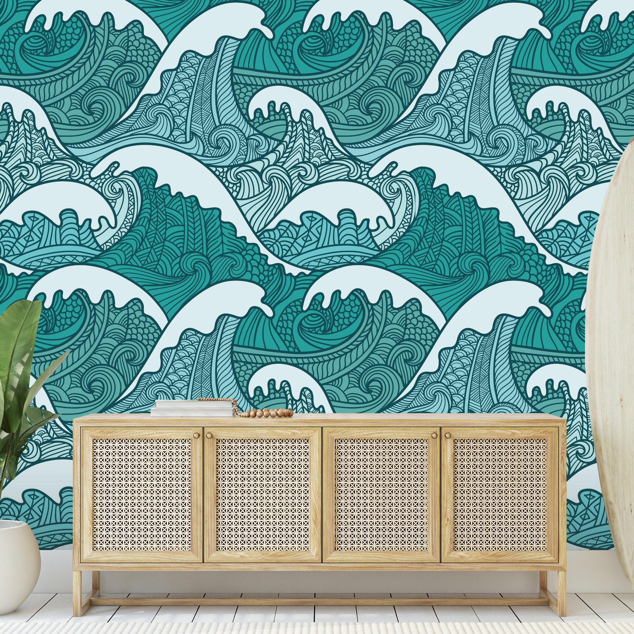 Wall Blush's Maui Wallpaper in ocean-inspired design enhancing the aesthetic of a modern living room wall.